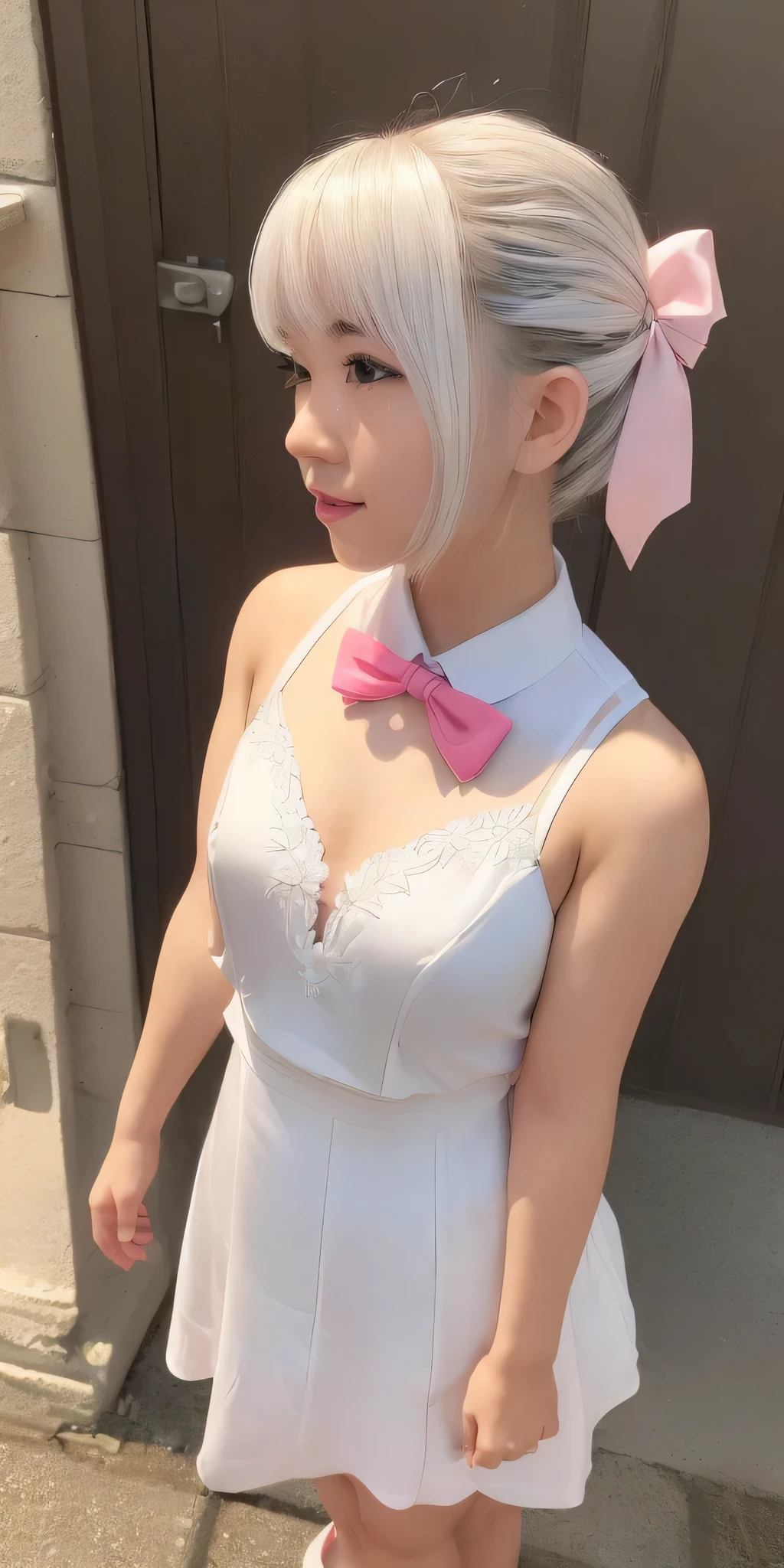 (((profesional: Paso a paso, taking into account even the smallest detail, Resultado final a nivel de Dios, todos los detalles intrincados, solo 2 chicas))): "chica humana realista con pelo blanco y pajarita rosa frente a un edificio, Chica realista: Haruno Sakura, Anime style", Deidad de pelo blanco, Mejor chica realista, cuerpo muy atractivo, pecho grande, escote en H muy amplio, Vista lateral aleatoria, todos los detalles intrincados de la imagen, Obra maestra, pose muy sexy, vestidos cortos"