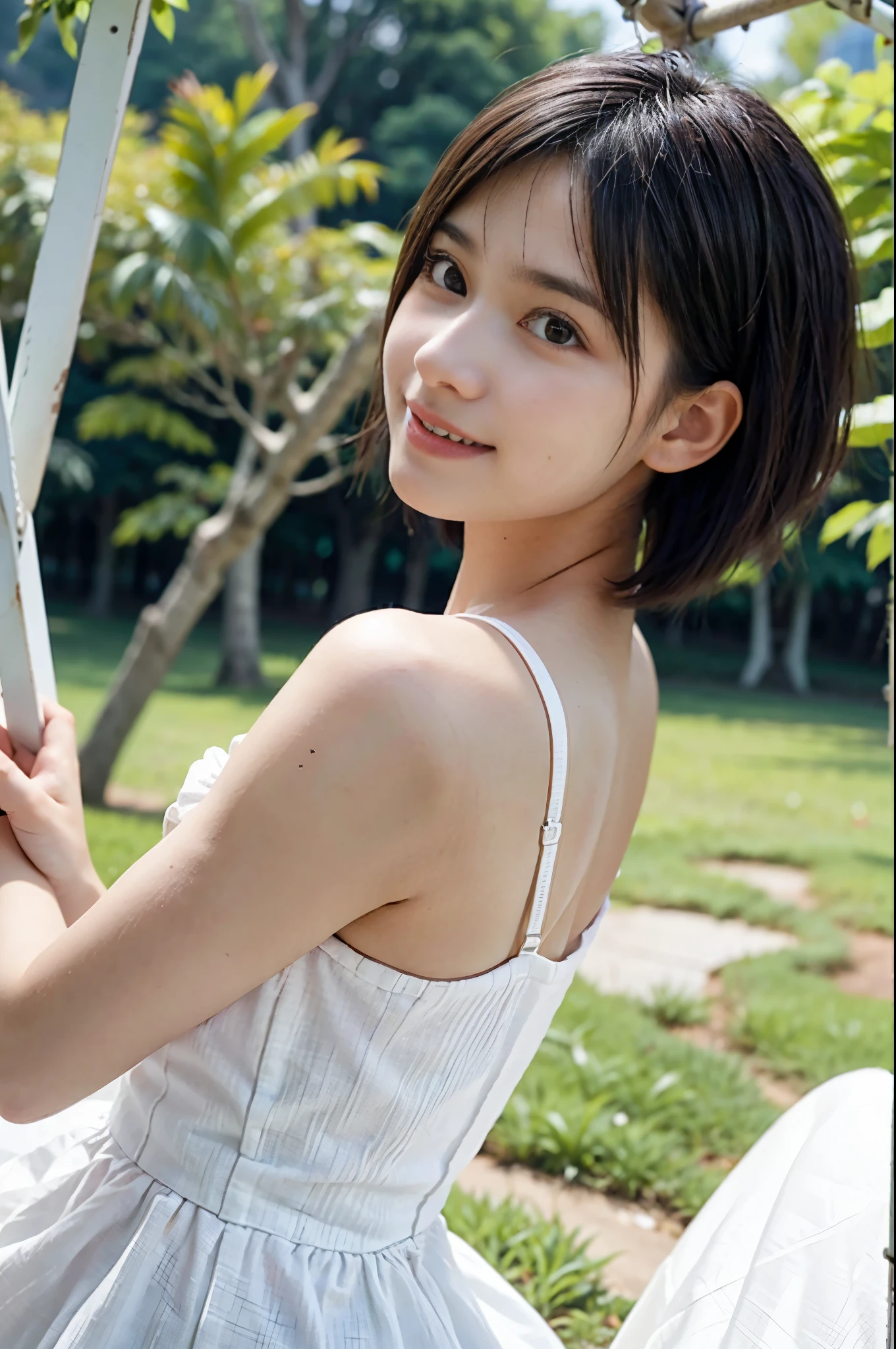 (Best Quality,4K,hight resolution,masutepiece:1.2),girl with (15 years old)、See-through underwear、Ride the swing、a closeup、top of the pendulum、spring city park,Soft lighting,Vibrant colors,Happiness,Welcoming environment,Warmth,Shortcut Hair,Peace and quiet,Excitement and anticipation,Snowy landscape,Enchanted moments,