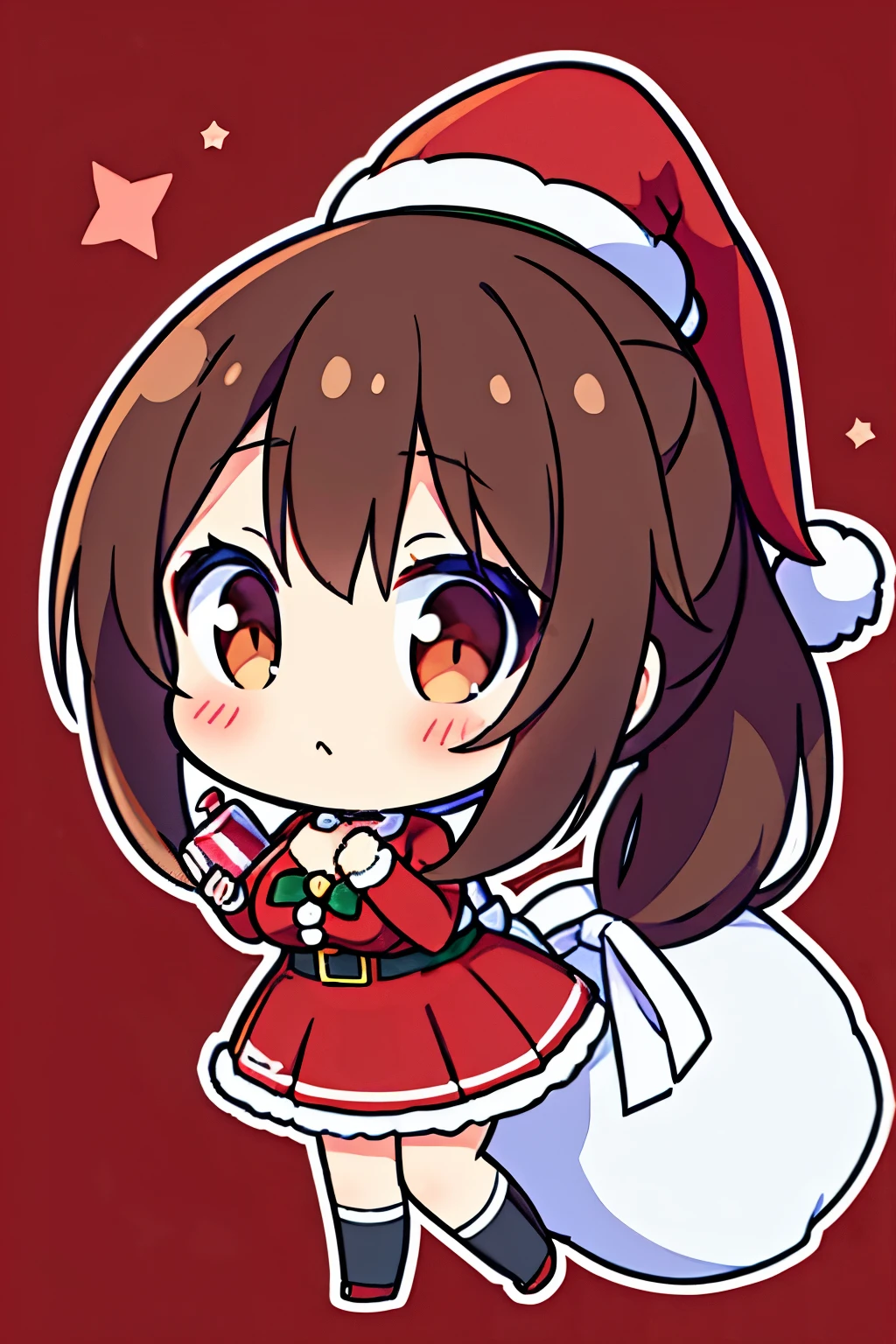 "anime girl, 1 person, dark brown hair, ponytail, ponytail, tied hair, brown eyes, socks, santa hat, santa outfit, santa outfit, winter outfit, red dress, big breasts, blushing, full body, snowfall, christmas gift box, christmas, solo, front view,chibi,full body (full HD 4K+ image)"