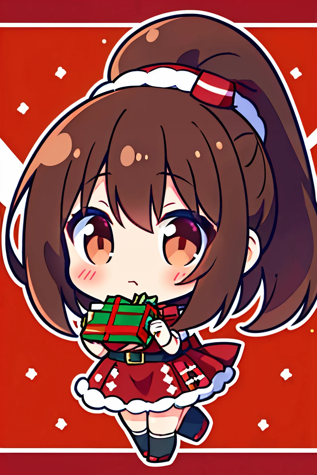 "anime girl, 1 person, dark brown hair, ponytail, ponytail, tied hair, brown eyes, socks, santa hat, santa outfit, santa outfit, winter outfit, red dress, big breasts, blushing, full body, snowfall, christmas gift box, christmas, solo, front view,chibi,full body (full HD 4K+ image)"