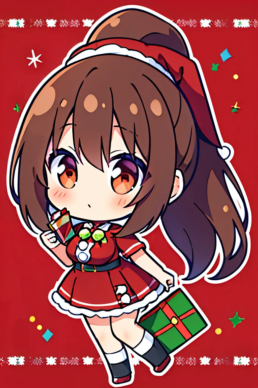 "anime girl, 1 person, dark brown hair, ponytail, ponytail, tied hair, brown eyes, socks, santa hat, santa outfit, santa outfit, winter outfit, red dress, , blushing, full body, snowfall, christmas gift box, christmas, solo, front view,chibi,full body (full HD 4K+ image)"