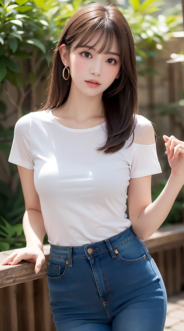 (bestquality, Realistic: 1.3), 1girl in, Middlebox, Light brown hair, blunt bangs, hair behind ear, hair over shoulder, long-haired, Slender Figure, ultra-fine face, Sensitive lips, beautidul eyes, Thin blush, The eyes are light brown..........., Perfect glossy skin, Flawless skin, Glittering sweat, See here..........., Ultra-thin hands, Ultra-fine fingers, best ratio four fingers and one thumb, (reality:1.3), finger extension, white blouse, White short skirt, super model legs, flat. , Eye-Level Shot,  chesty, 10,Broadleaf forests (environment, In the area) (Random jeans outfit,Short-sleeved T-shirt,Random clothing color)