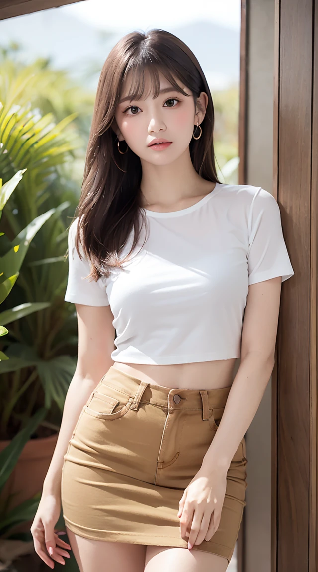 (bestquality, Realistic: 1.3), 1girl in, Middlebox, Light brown hair, blunt bangs, hair behind ear, hair over shoulder, long-haired, Slender Figure, ultra-fine face, Sensitive lips, beautidul eyes, Thin blush, The eyes are light brown..........., Perfect glossy skin, Flawless skin, Glittering sweat, See here..........., Ultra-thin hands, Ultra-fine fingers, best ratio four fingers and one thumb, (reality:1.3), finger extension, white blouse, White short skirt, super model legs, flat. , Eye-Level Shot, chesty, 10,Broadleaf forests (environment, In the area) (Random jeans outfit,Short-sleeved T-shirt,Random clothing color)