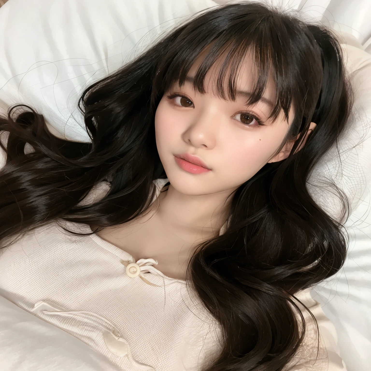 araffe asian woman lying on bed with long black hair, ulzzang, Chica coreana, Hermosa mujer surcoreana, Hermosa joven coreana, Hermosa joven coreana, Joven y adorable rostro coreano, Lalisa Manobal, Wan adorable cara coreana, young cute wan asian face, maquillaje popular de Corea del Sur, maquillaje coreano popular, chica linda-fina-cara