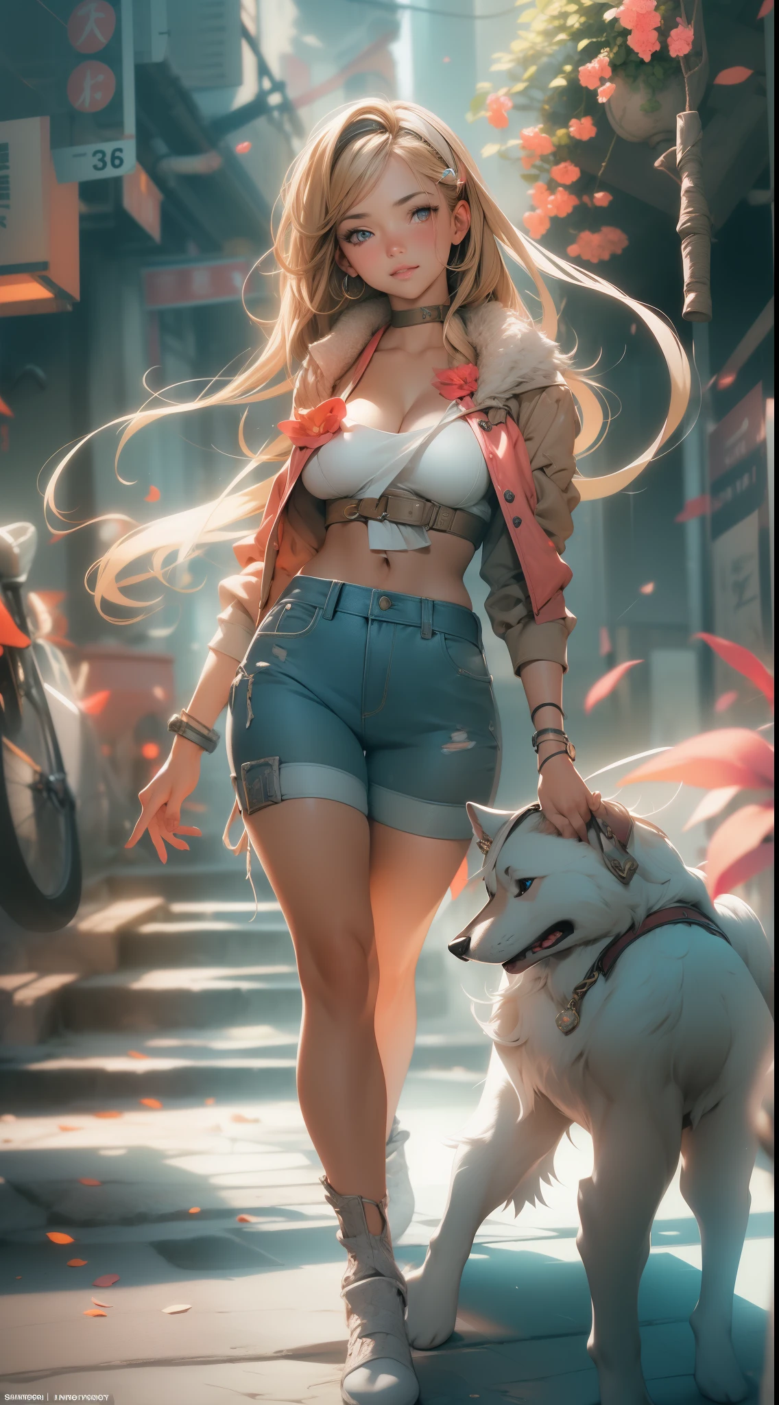 full body portrait of a photo realistic beautiful girl, 1 girl, facing forward, waifu, flowing hair, short modern summer clothing, big beautiful flirtateous open eyes, standing straight, cinematic lighting, vibrant city, highly detailed, digital painting, trending on artstation, pixiv, concept art, sharp focus, illustration, art by ross tran and wlop, Glowing eyes, Best quality, good lighting, large breasts with cleavage, seductive face, Masterpiece, highres,sharp focus,(ultra detailed,extremely detailed),(photorealistic artwork:1.37),(extremely detailed CG unity 8k wallpaper),(((vibrant colors,vibrant theme))),(intricate),(masterpiece),(best quality), girl is playing with a cute small dog