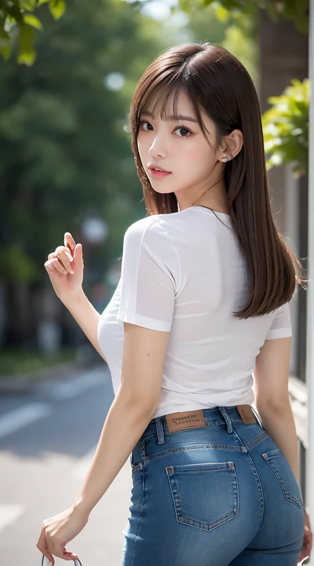 (bestquality, Realistic: 1.3), 1girl in, Middlebox, Light brown hair, blunt bangs, hair behind ear, hair over shoulder, long-haired, Slender Figure, ultra-fine face, Sensitive lips, beautidul eyes, Thin blush, The eyes are light brown............, Perfect glossy skin, Flawless skin, Glittering sweat, See here............, Ultra-thin hands, Ultra-fine fingers, best ratio four fingers and one thumb, (reality:1.3), finger extension, white blouse, White short skirt, super model legs, flat. , Eye-Level Shot,  chesty, 10,Broadleaf forests (environment, In the area) (costume,t-shirt,jeans,Random,สีเสื้อผ้าRandom)