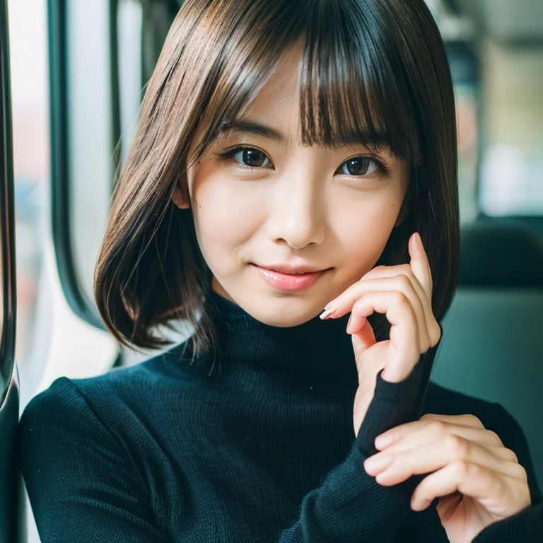 ((( masutepiece ))), (((Best Quality))), ((Ultra-detailed)), (Photo), ((extremely delicate and beautiful)),High resolution, 1girl in, 25 years old, Japanese beautiful girl, (Big breasts), ((Plump full lip)), (Wavy Hair),(Long hair),(Pink hair), (very baby face),((I have one small mole under my eye)), (Detailed eyes),(detailed facial features), (detailed arms),(Detailed fingers),(Detailed Regulus Body))) , On the train, ((Smile)),((hand on mouth)),((slightly open mouth)),(((long sleeve black turtleneck))), ((Film grain)), ((SLR camera)), ((35mm lens focal length))