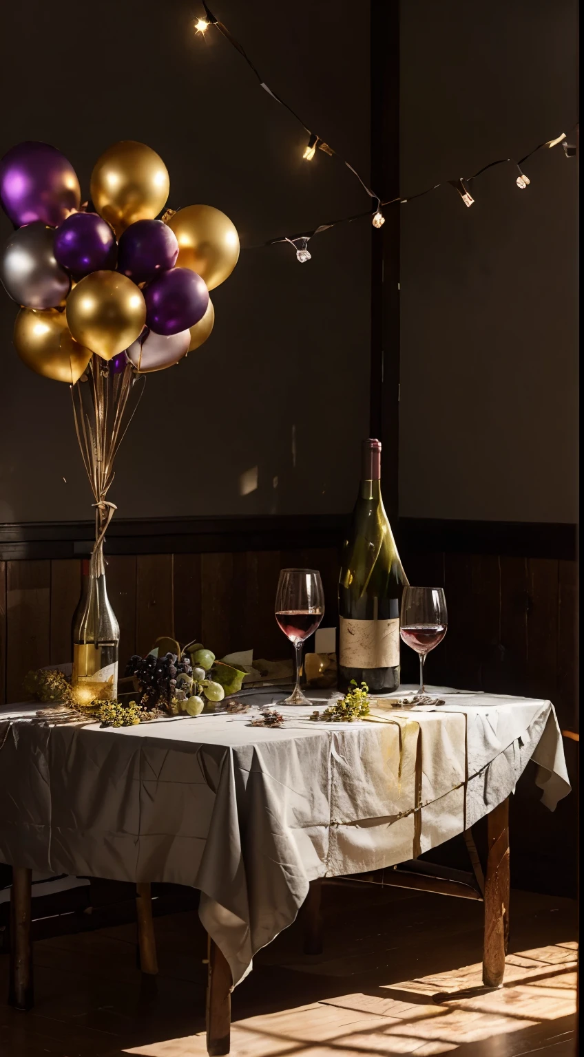 studio, Photography concept for black table, Streamers, Old logs, Several bunches of grapes, Grape leaves, centered around a glass of wine, There were a few bottles of wine next to it, Light comes in from the left, Bright environment, Celebrating New Year 2024, Golden balloons, Silver balloons