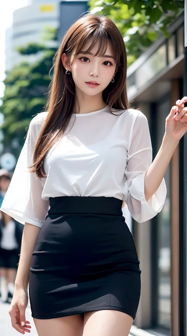 (bestquality, Realistic: 1.3), 1girl in, Middlebox, Light brown hair, blunt bangs, hair behind ear, hair over shoulder, long-haired, Slender Figure, ultra-fine face, Sensitive lips, beautidul eyes, Thin blush, The eyes are light brown........, Perfect glossy skin, Flawless skin, Glittering sweat, See here........, Ultra-thin hands, Ultra-fine fingers, best ratio four fingers and one thumb, (reality:1.3), finger extension, white blouse, White short skirt, super model legs, flat. , Eye-Level Shot, chesty, 10,Broadleaf forests (environment, in Shibuya city, Japan) (Random costumes,Random clothing color)