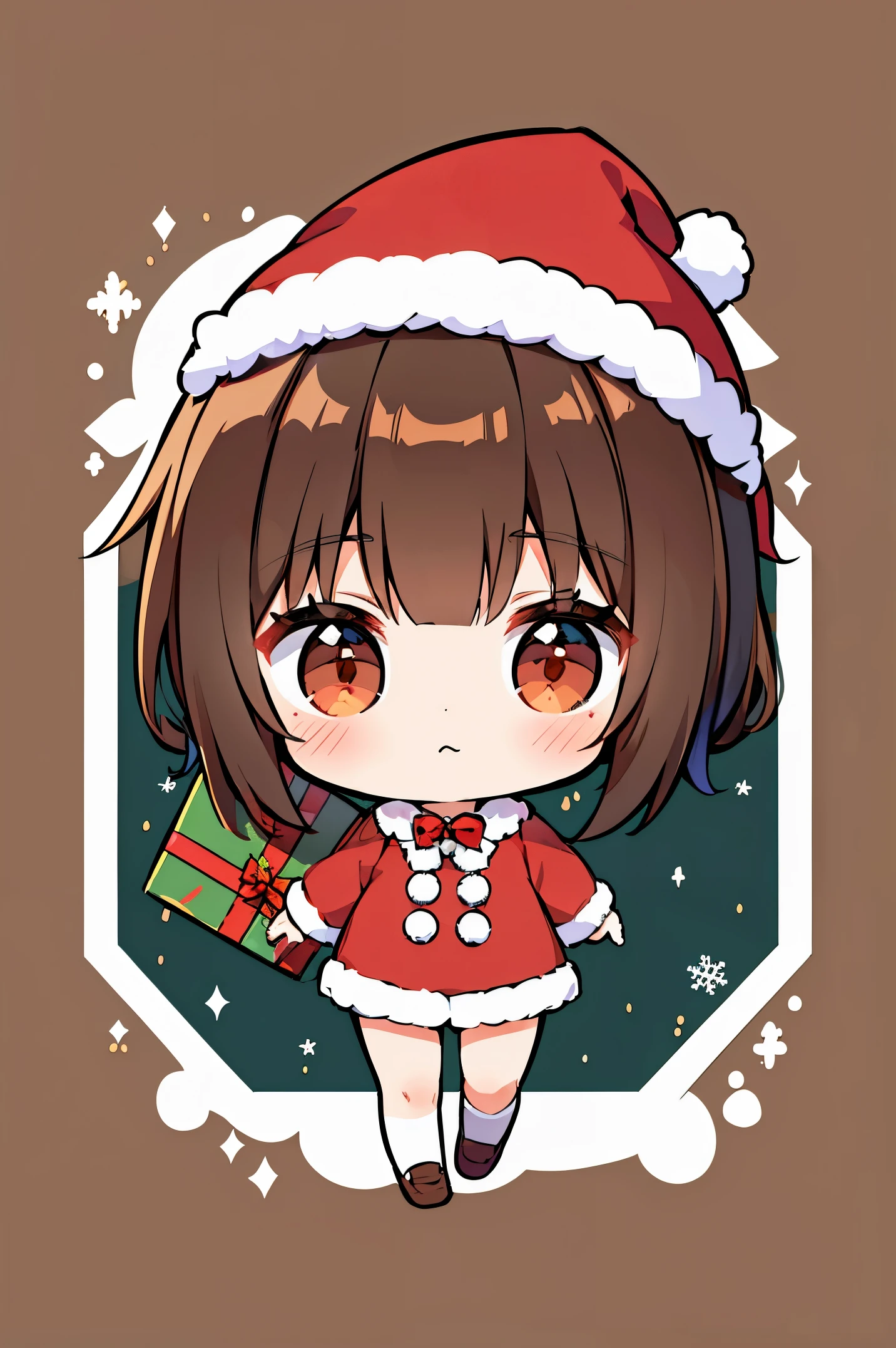 "anime girl, 1 person, dark brown hair, ponytail, ponytail, tied hair, brown eyes, socks, santa hat, santa outfit, santa outfit, winter outfit, red dress, blushing, full body, snowfall, christmas gift box, christmas, solo, front view,chibi,full body (full HD 4K+ image)"