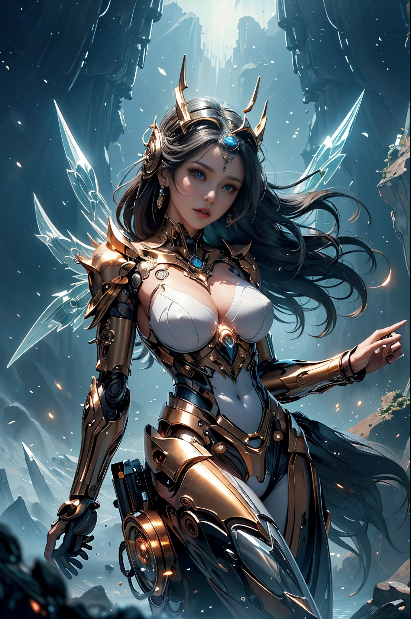 intricate ornate anime cgi style, super detailed fantasy characters, 4K highly detailed digital art, karol bak uhd, cyborg goddess in cosmos, beautiful digital works of art, 2. 5 d cgi anime fantasy artwork, Goddess. extremely high detail, portrait of cyborg queen, extremely detailed goddess shot, Half body machine, Inorganic, Next generation high performance cyborg, Goddess of Machines, The perfect cyborg, ultimate replicant, A masterpiece created by ultra-high performance AI, ultimate weapon, Best Quality, Perfect Angle, perfect-composition, sharp outline, Best Shots, perfect shapes, perfect model style, Very beautiful and detailed eyes, Hollow eyes, blue eyes without pupils