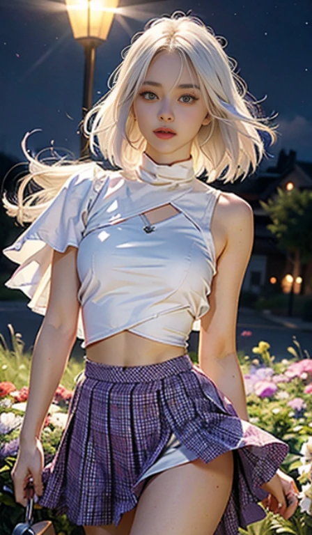 realistic, 1girl, white hair, purple eyes, glowing eyes, crop top, skirt, parted lips, blush, night, flowers, sun, sunlight,