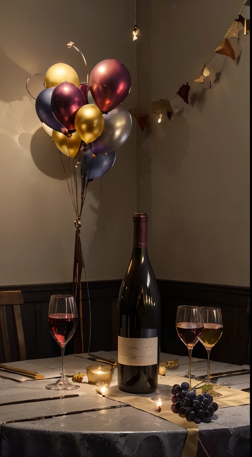 studio, Photography concept for black table, Streamers, Red candles, Several bunches of grapes, Grape leaves, centered around a glass of wine, There were a few bottles of wine next to it, Light comes in from the left, Bright surroundings, Celebrate New Year 2024, Golden balloons, Silver balloons