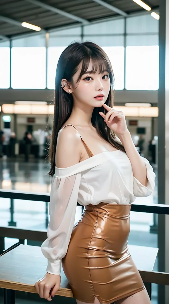 (bestquality, Piece Table, ultra hd: 1.3), 1girl in, Middlebox, Light brown hair, blunt bangs, hair behind ear, hair over shoulder, long-haired, Slender Figure, ultra-fine face, Sensitive lips, beautidul eyes, Thin blush, The eyes are light brown........, Perfect glossy skin, Flawless skin, Glittering sweat, See here........, Ultra-thin hands, Ultra-fine fingers, best ratio four fingers and one thumb, (reality:1.3), finger extension, white blouse, White short skirt, super model legs, flat. , Eye-Level Shot, chesty, 10,Broadleaf forests (environment, airport terminal building) (Random costumes,Random clothing color)