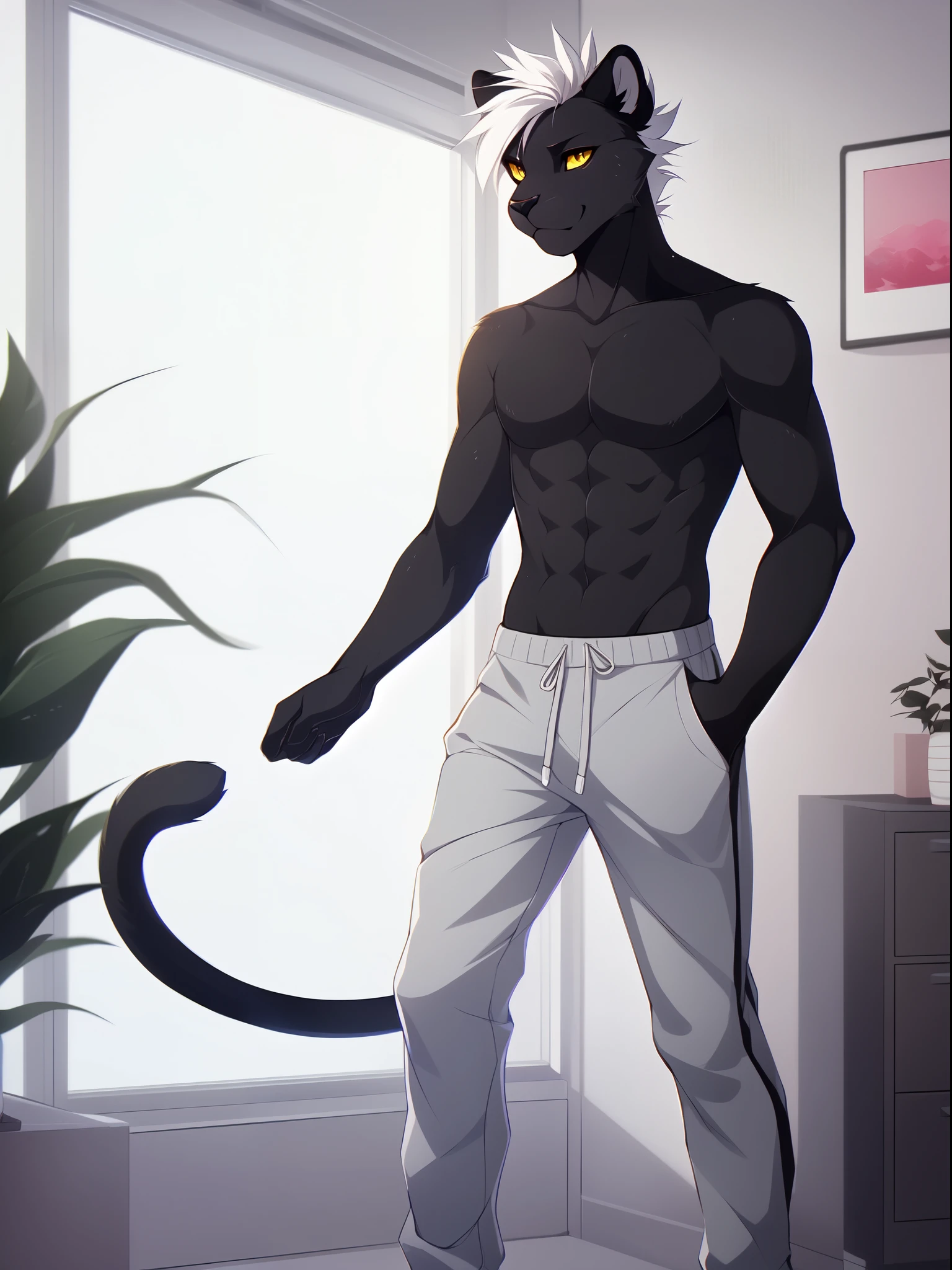 detailed face, detailed eyes, adult male, panther caroso, solo, nude, naked, dat ass, big butt, looking at viewer, looking back at viewer, black body, black fur, body completely in black, black eyes, yellow sclera, smirk, grin, sexy, sexy look, seductive, flirting, flirting with the viewer, flirtatious, twerking,