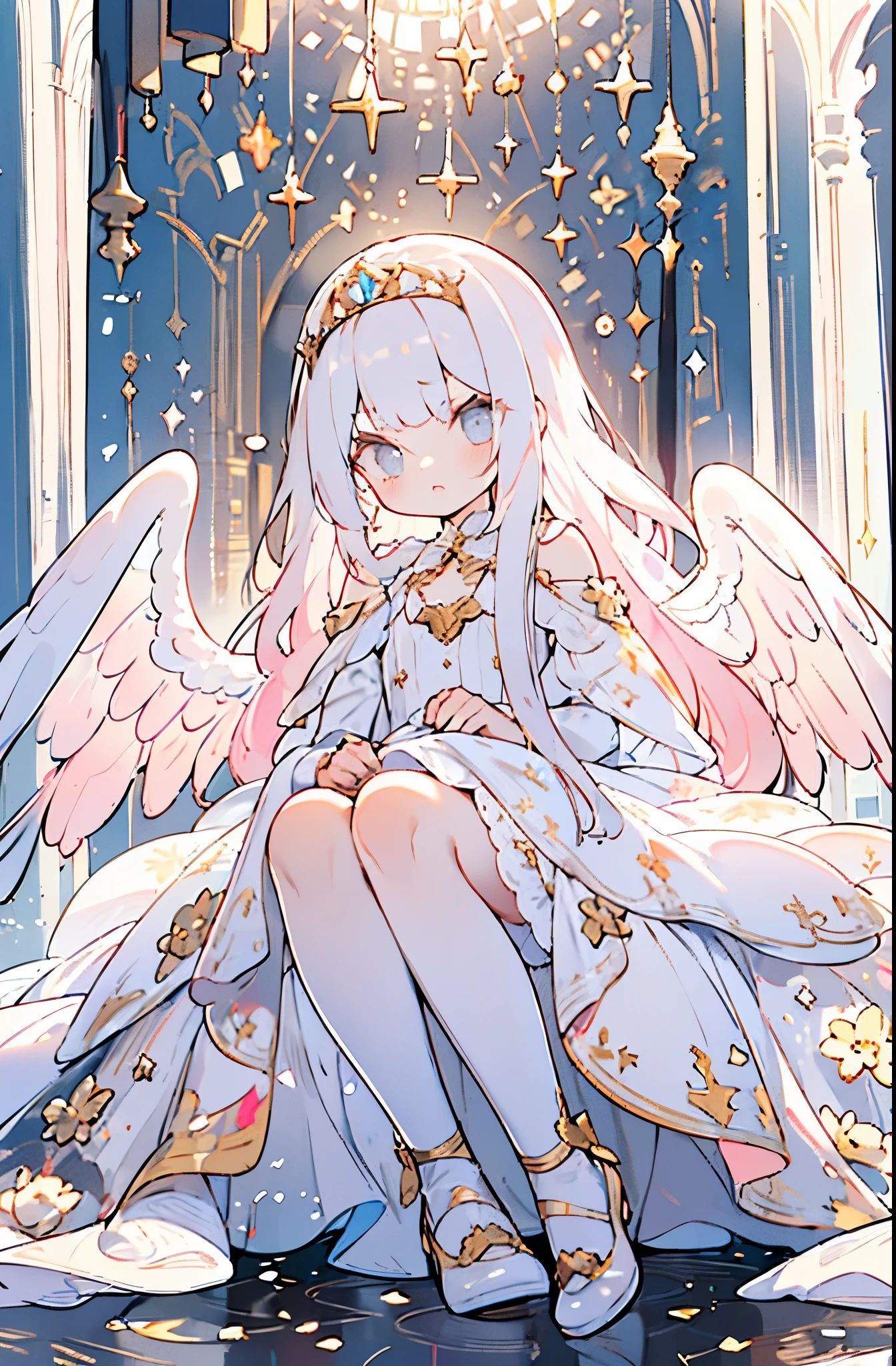 8K, (High Definition), (Dramatic), (Natural Light), (Petite), 1 girl, Flat chest, Petite, Grey hair, Long hair, Beautiful hair, White clothing, Dress, Long bangs, tiara, White skirt, Absurdly long hair, (Straight hair), Hair between eyebrows, (Lolita), Gold decoration , light pink hair , white hair