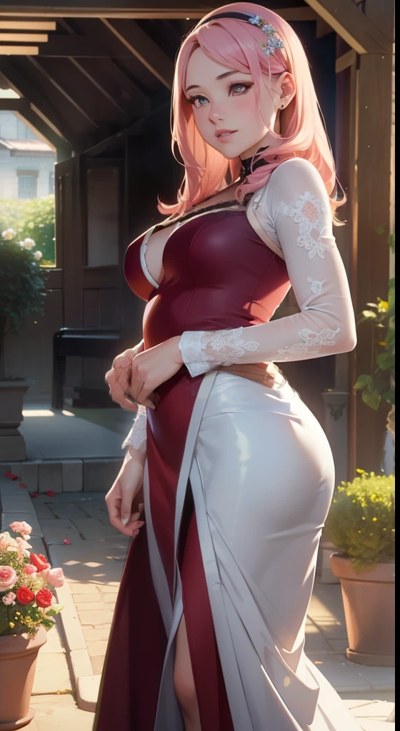 (highest quality,4k,8k,highres,masterpiece:1.2),ultra-detailed,(realistic,photorealistic,photo-realistic:1.37), detailed image of a beautiful mature woman Zakura Haruno being embraced from behind by a young boy, both wearing sexy attire. The woman has long flowing hair, striking eyes, and luscious lips. The boy's face is filled with innocence and adoration as he hugs her tightly. The scene takes place in a picturesque garden full of colorful, blooming flowers. The woman's attire accentuates her curves and showcases her confidence. The image is rendered with the medium of a 3D illustration, which adds depth and realism to the artwork. The lighting is soft and warm, casting a gentle glow on the scene. The colors are vibrant and vivid, enhancing the overall aesthetic. This artwork captures the intimate moment between the woman and the boy, evoking feelings of love, passion, and sensuality.