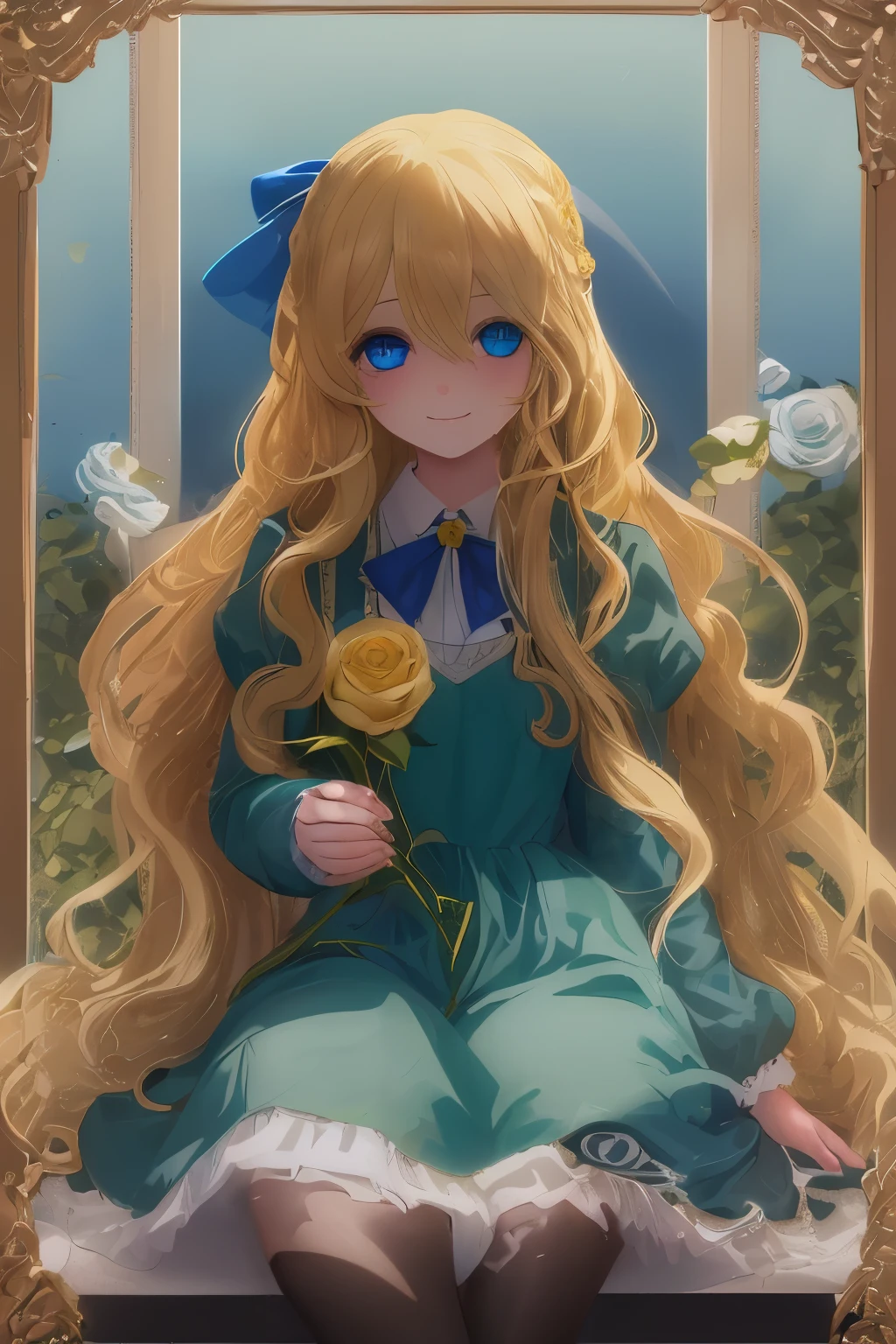 (Beautiful girl around 9 :1.5)，(Big blue eyes:1.3)，(Eyes without light:1.5)，(a blond，Wavy long hair:1.4)，(Blue ribbon at chest:1.5)，(long green dress:1.4)，(Black tights:1.3)，(Brown loafers:1.3)，(lots of picture frames:1.3)，(dark ilumination:1.5)，(have one yellow rose:1.5)，art gallery，(many yellow roses:1.4)，(Invincible smile:1.4)