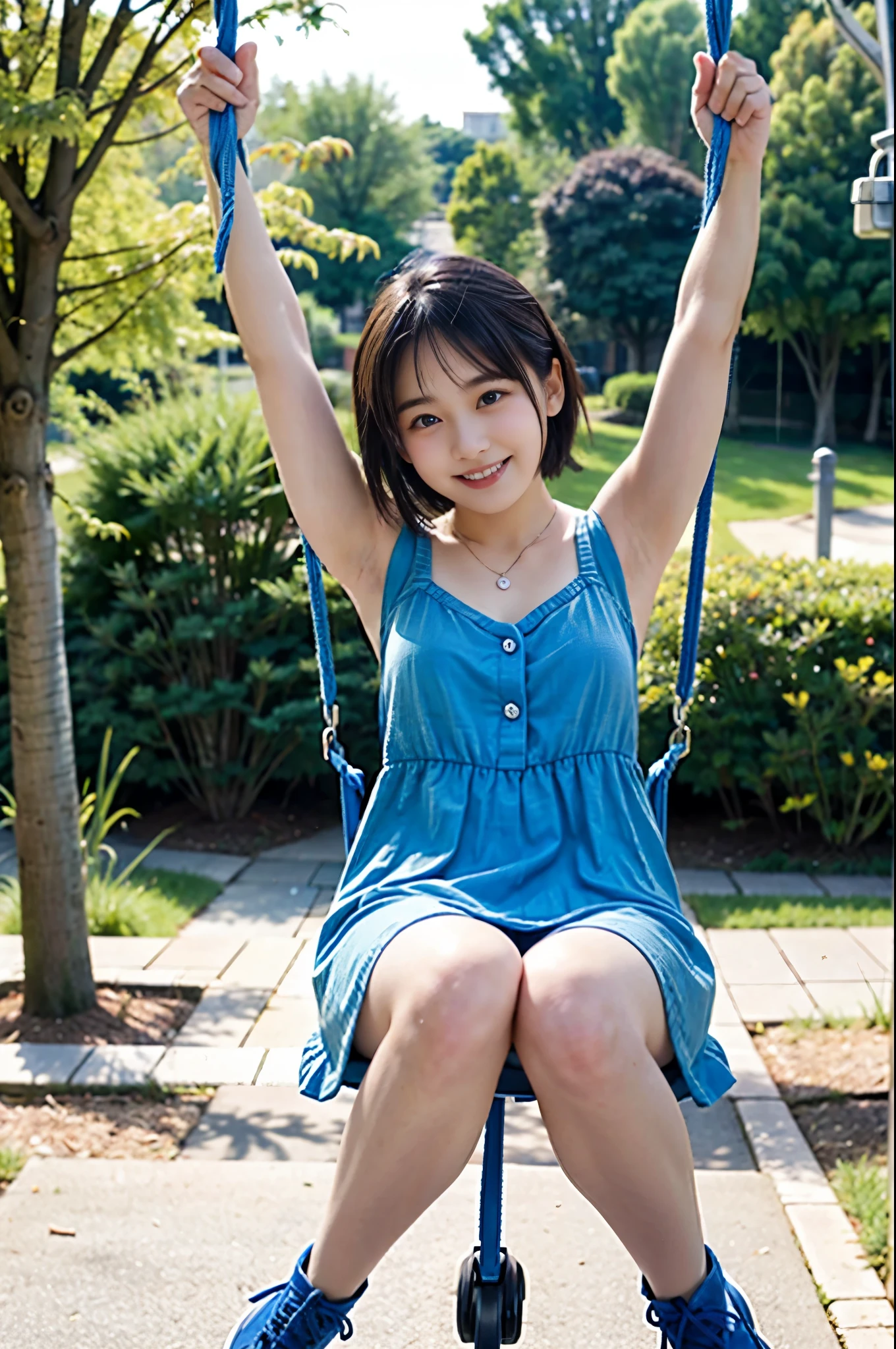  on top，Looking down，from below，White light panties，Bikini swimsuit，sitting on a swing，Crotch view，bottom angles，Mocking expressions，Smiling，White light bandeau，Large angle upward view，the sky background