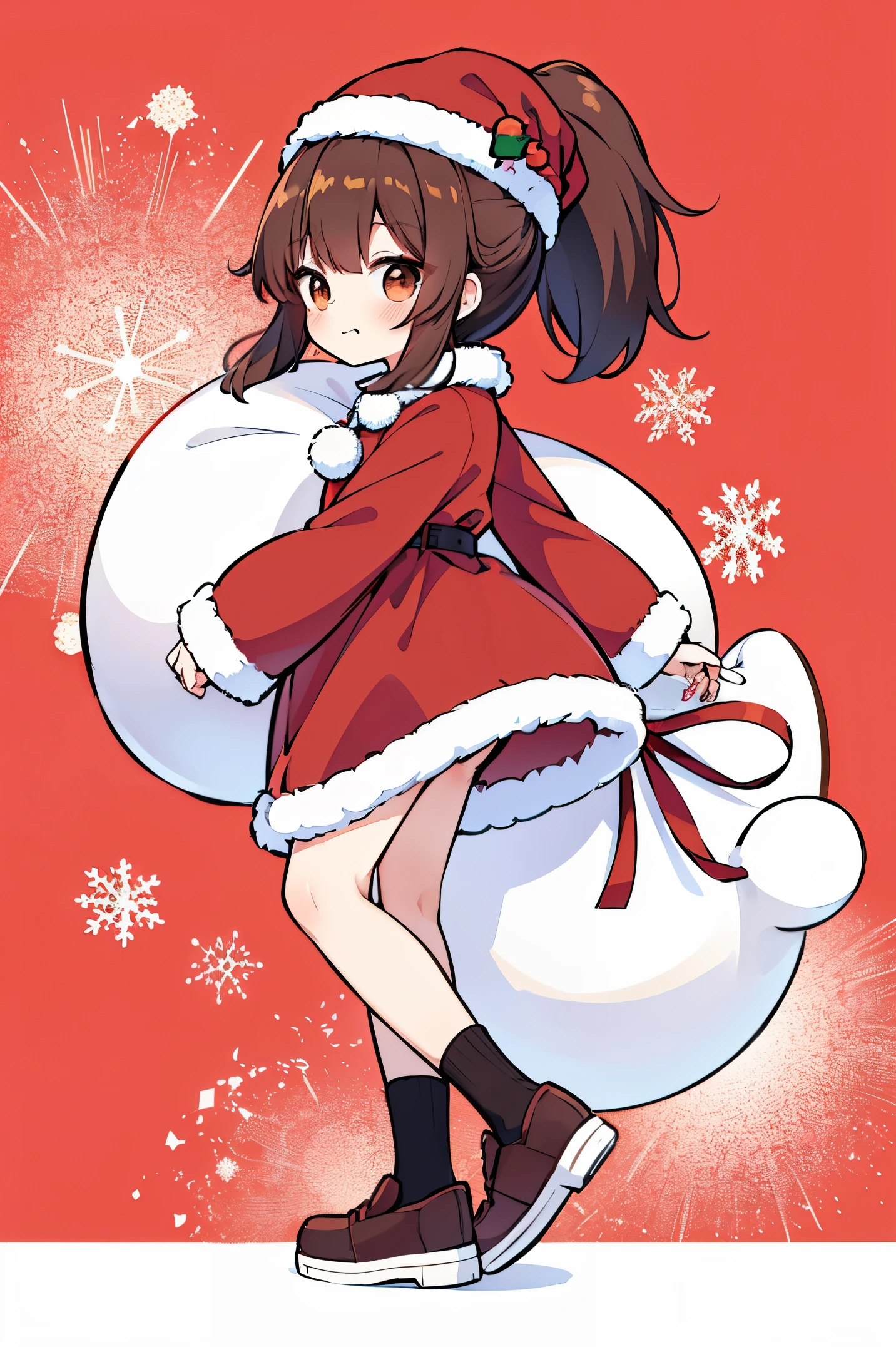 "anime girl, 1 person, dark brown hair, ponytail, ponytail, tied hair, brown eyes, socks, santa hat, santa outfit, santa outfit, winter outfit, red dress, blushing, full body, snowfall, christmas gift box, christmas, solo, front view,chibi,full body (full HD 4K+ image)"