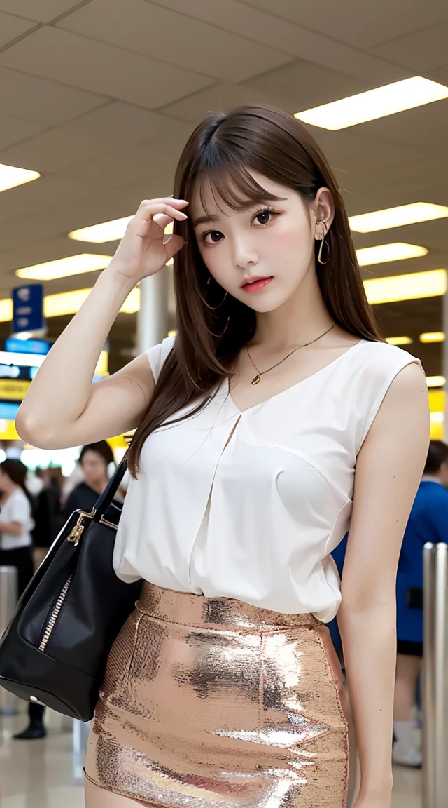 (bestquality, Piece Table, ultra hd: 1.3), 1girl in, Middlebox, Light brown hair, blunt bangs, hair behind ear, hair over shoulder, long-haired, Slender Figure, ultra-fine face, Sensitive lips, beautidul eyes, Thin blush, The eyes are light brown........., Perfect glossy skin, Flawless skin, Glittering sweat, See here........., Ultra-thin hands, Ultra-fine fingers, best ratio four fingers and one thumb, (reality:1.3), finger extension, white blouse, White short skirt, super model legs, flat. , Eye-Level Shot, chesty, 10,Broadleaf forests (environment, airport terminal building) (Random costumes,Random clothing color)