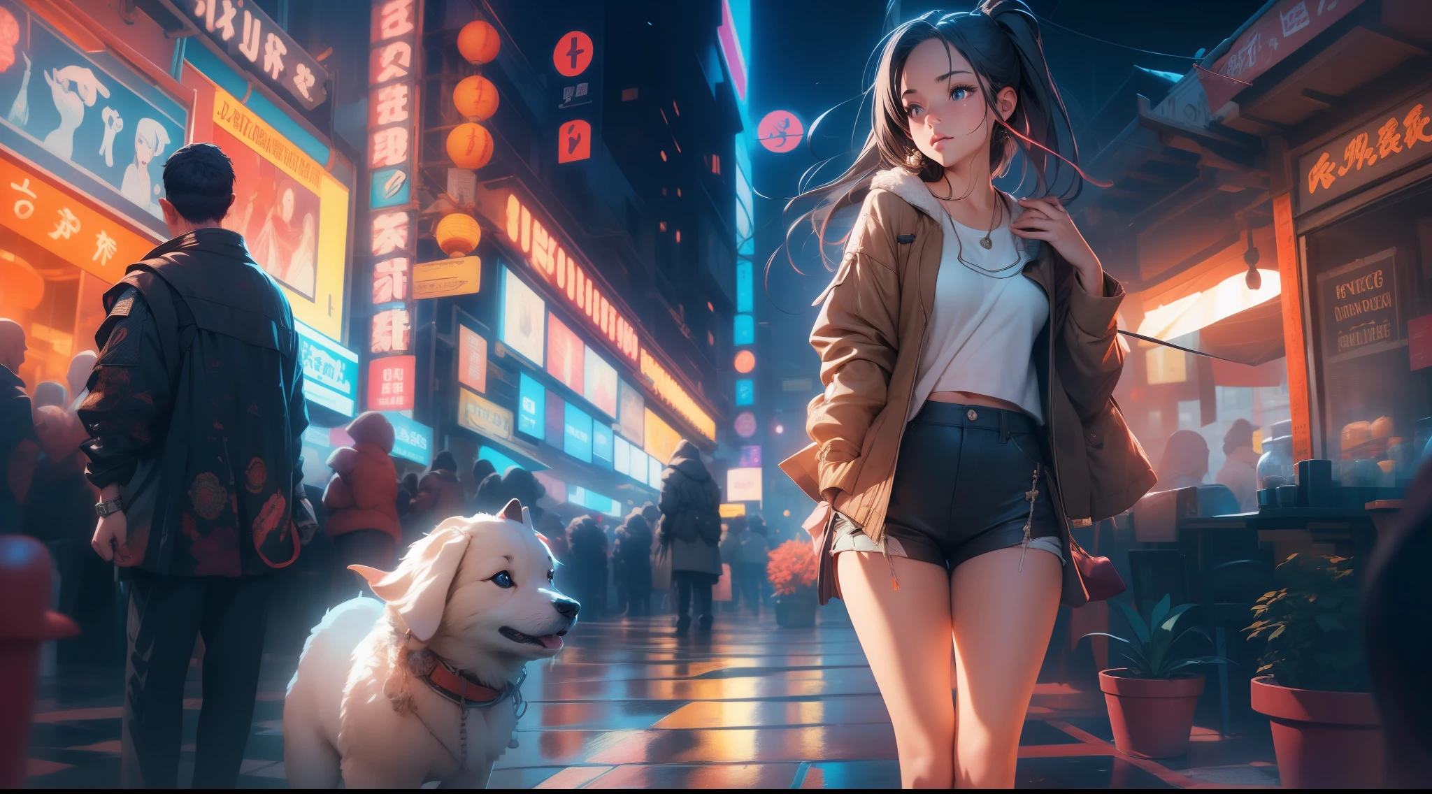 full body portrait of a photo realistic beautiful girl, 1 girl, facing forward, waifu, flowing hair, short modern summer clothing, big beautiful flirtateous open eyes, standing straight, cinematic lighting, vibrant city, highly detailed, digital painting, trending on artstation, pixiv, concept art, sharp focus, illustration, art by ross tran and wlop, Glowing eyes, Best quality, good lighting, large breasts with cleavage, seductive face, Masterpiece, highres,sharp focus,(ultra detailed,extremely detailed),(photorealistic artwork:1.37),(extremely detailed CG unity 8k wallpaper),(((vibrant colors,vibrant theme))),(intricate),(masterpiece),(best quality), girl is playing with a cute small dog