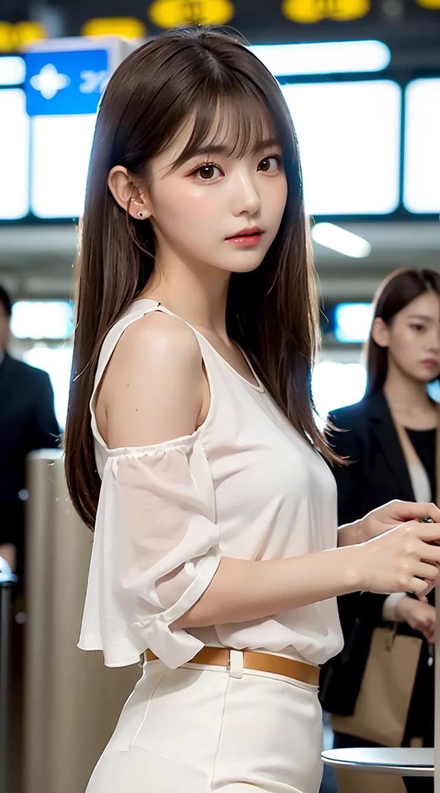 (bestquality, Piece Table, ultra hd: 1.3), 1girl in, Middlebox, Light brown hair, blunt bangs, hair behind ear, hair over shoulder, long-haired, Slender Figure, ultra-fine face, Sensitive lips, beautidul eyes, Thin blush, The eyes are light brown. , Perfect glossy skin, Flawless skin, Glittering sweat, See here. ., Ultra-thin hands, Ultra-fine fingers, best ratio four fingers and one thumb, (reality:1.3), finger extension, white blouse, White short skirt, super model legs, flat. , Eye-Level Shot, chesty, 10,Broadleaf forests (environment, airport terminal building) (Random costumes,Clothing color: black)