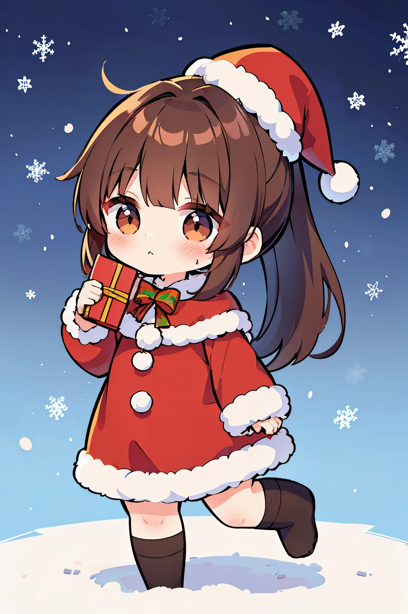 "anime girl, 1 person, dark brown hair, ponytail, ponytail, tied hair, brown eyes, socks, santa hat, santa outfit, santa outfit, winter outfit, red dress, blushing, full body, snowfall, christmas gift box, christmas, solo, front view,chibi,full body (full HD 4K+ image)"