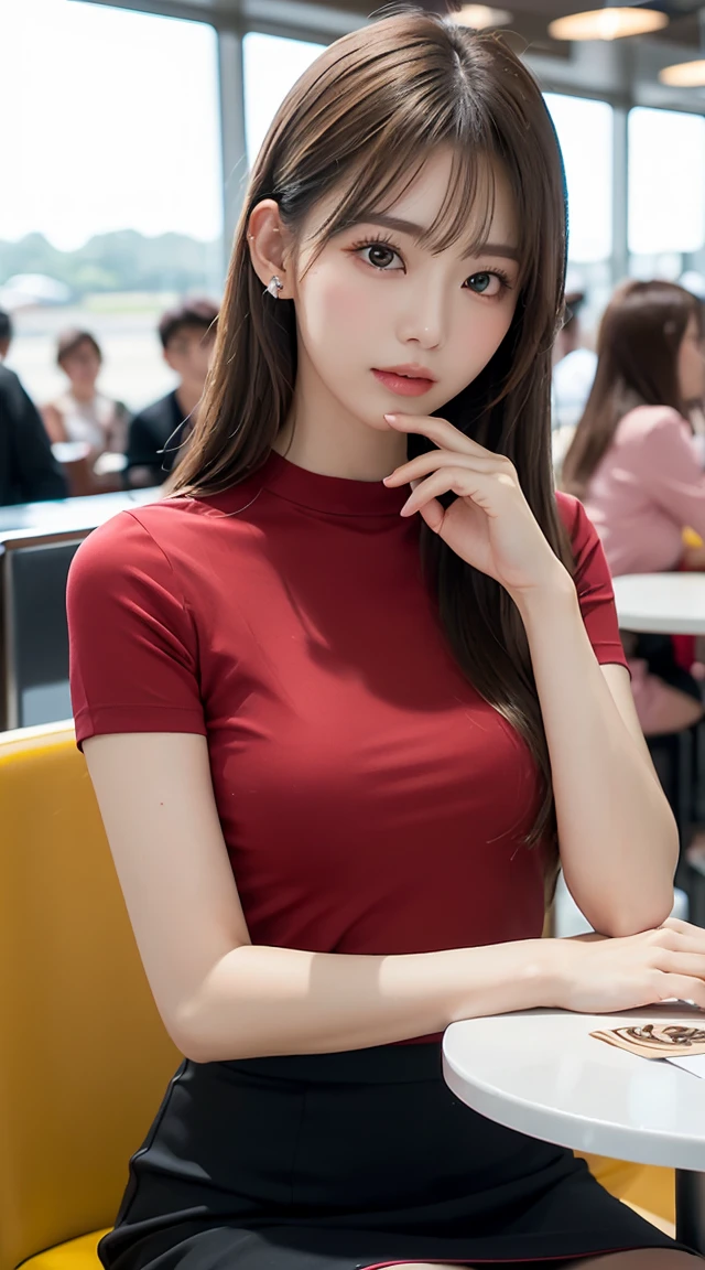 (bestquality, Piece Table, ultra hd: 1.3), 1girl in, Middlebox, Light brown hair, blunt bangs, hair behind ear, hair over shoulder, long-haired, Slender Figure, ultra-fine face, Sensitive lips, beautidul eyes, Thin blush, The eyes are light brown.........., Perfect glossy skin, Flawless skin, Glittering sweat, See here.........., Ultra-thin hands, Ultra-fine fingers, best ratio four fingers and one thumb, (reality:1.3), finger extension, white blouse, White short skirt, super model legs, flat. , Eye-Level Shot, chesty, 10,Broadleaf forests (environment, café, airport terminal building) (Random costumes,red shirt color,)
