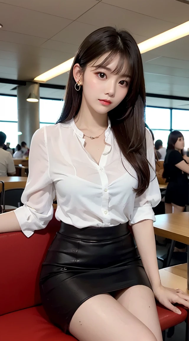 (bestquality, Piece Table, ultra hd: 1.3), 1girl in, Middlebox, Light brown hair, blunt bangs, hair behind ear, hair over shoulder, long-haired, Slender Figure, ultra-fine face, Sensitive lips, beautidul eyes, Thin blush, The eyes are light brown.........., Perfect glossy skin, Flawless skin, Glittering sweat, See here.........., Ultra-thin hands, Ultra-fine fingers, best ratio four fingers and one thumb, (reality:1.3), finger extension, white blouse, White short skirt, super model legs, flat. , Eye-Level Shot,  chesty, 10,Broadleaf forests (environment, café, airport terminal building) (Random costumes,red shirt color,)