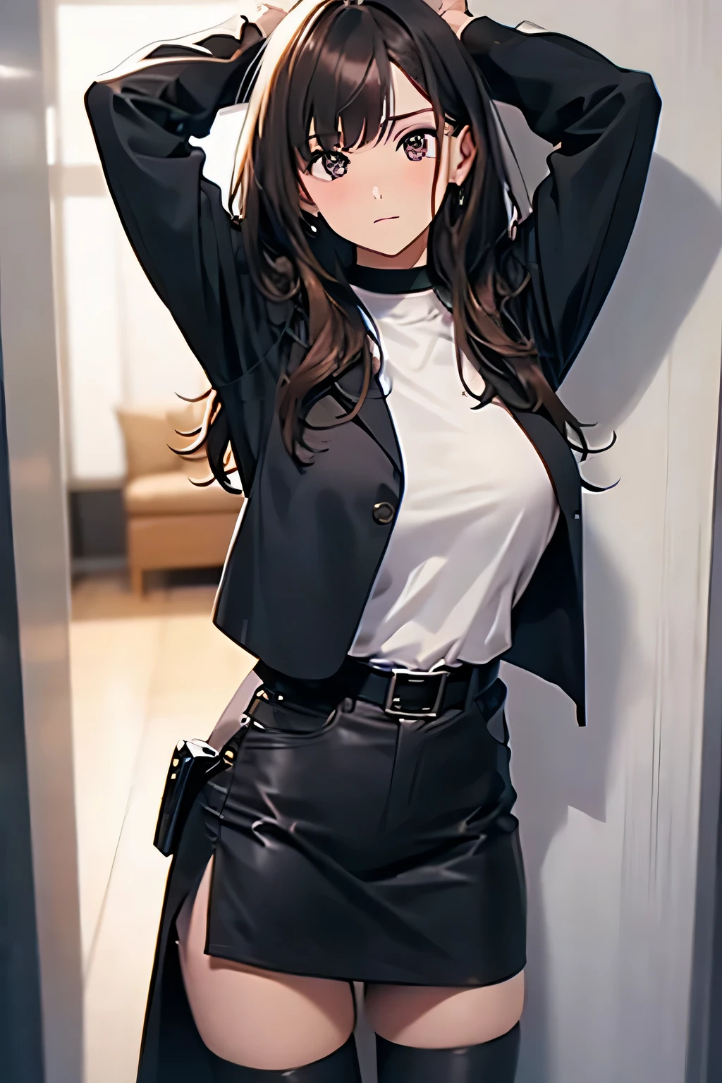 Brown hair、watching at viewers　　　a belt　　　bulging big tits　　 　 　　　walls: 　Black miniskirt　garters　　　　　　Gaze　　　a small face　bangss 　　　holster　　　Beautuful Women　　Hands up　　レッグholster ベッドに横たわる　　Gaze 　black boots panty shot　Provocation　flank　flank汗　Soio 　black suits　　Black jacket　Black pants　White cutter shirt