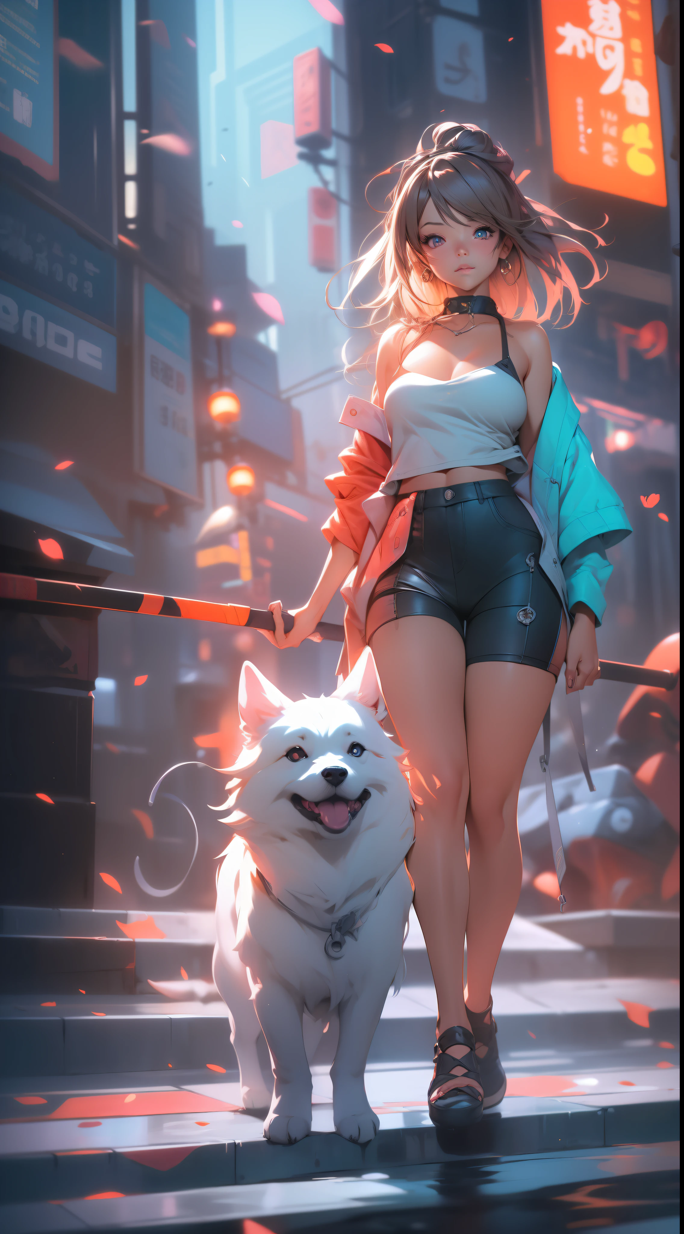 full body portrait of a photo realistic beautiful girl, 1 girl, facing forward, waifu, flowing hair, short modern summer clothing, big beautiful flirtateous open eyes, standing straight, cinematic lighting, vibrant city, highly detailed, digital painting, trending on artstation, pixiv, concept art, sharp focus, illustration, art by ross tran and wlop, Glowing eyes, Best quality, good lighting, large breasts with cleavage, seductive face, Masterpiece, highres,sharp focus,(ultra detailed,extremely detailed),(photorealistic artwork:1.37),(extremely detailed CG unity 8k wallpaper),(((vibrant colors,vibrant theme))),(intricate),(masterpiece),(best quality), girl is playing with a cute small dog