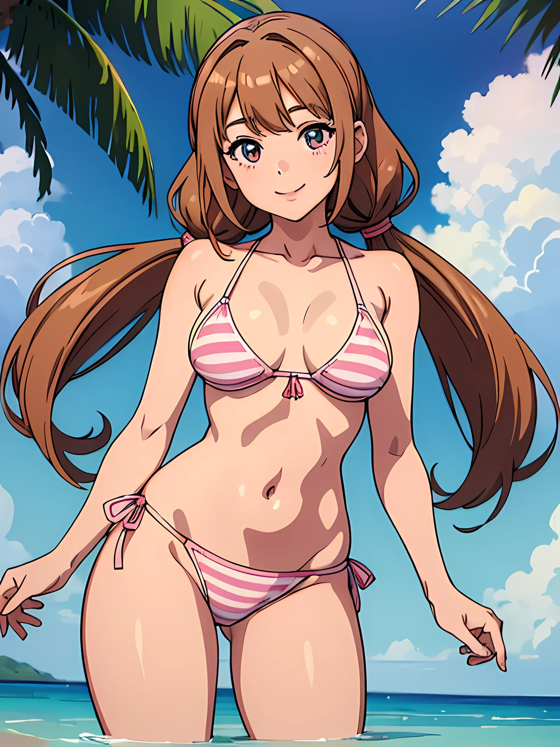 ((masutepiece)), ((Best Quality)), (ultra-detailliert), ((Extremely detailed)), 4K, (8K), 1girl in, Stunning cute girl with a smile, Extremely detailed eyes, Light brown twintail hair with bangs, Ivory and pink horizontal striped bikini, standing in shallow tropical sea