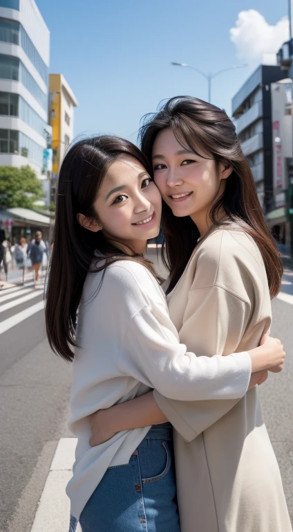 hight resolution、最high-level image quality、high-level image quality、top-quality、in 8K、Real live-action、Realistic、Raw photography,2 Japan women,In the street,30-years old,embracing each other