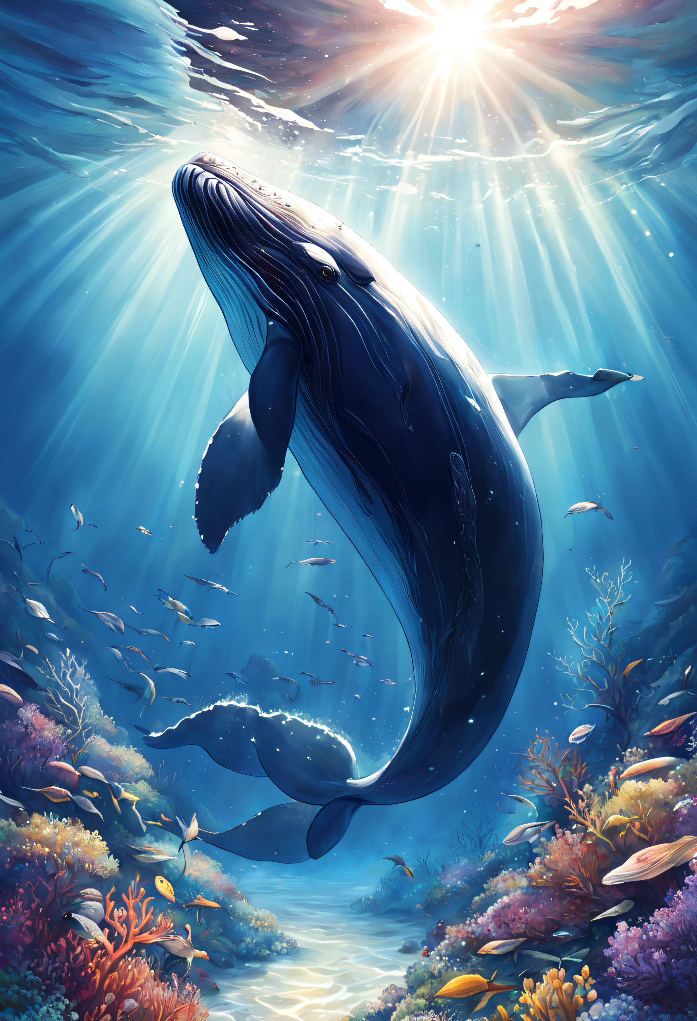 (ultra-Detailed pubic hair, actual, Real whales, Magnificent marine life, majestic fin, Huge size, calm expression, Underwater scene, Sunlight shines through the water, Sparkling waves, Beautiful movements, gentle giant, Powerful tail, abyssal, Peaceful environment, flowing seaweed, Vibrant marine life, Awe-inspiring sight, (marine:1.1) colours, (photo-actual:1.2) rendering, (Detailed pubic hair, iintricate) textur, (attractive cleavage, Fascinating) big breasts beautiful, (dispassionate, serene) atmosphere, (Amazing, Thrilling) artworks.