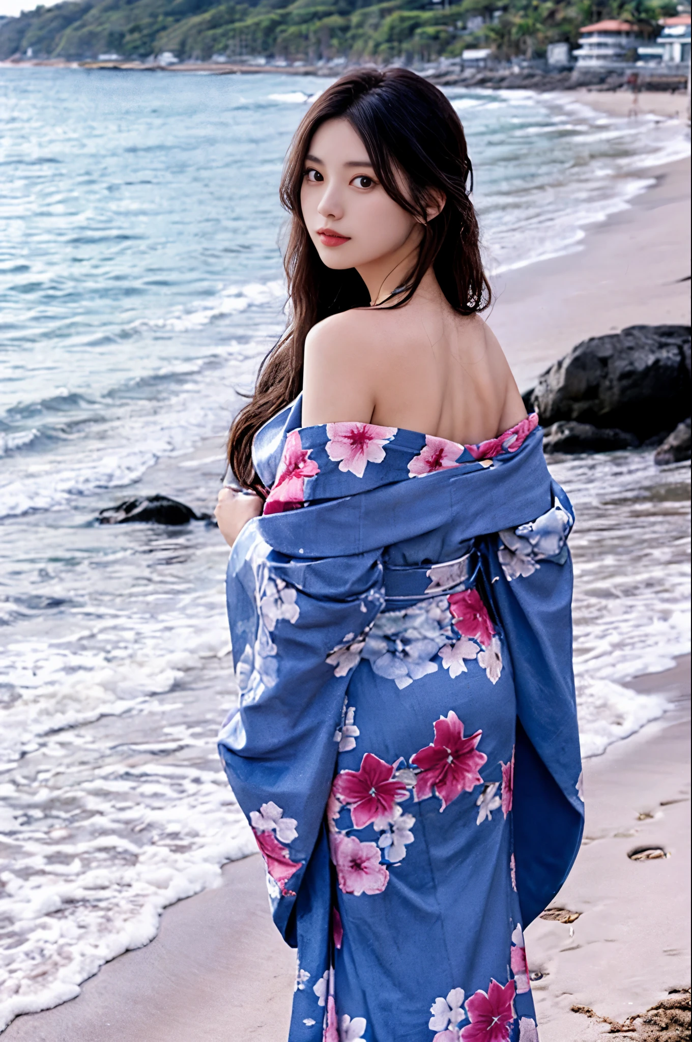 lady, posing to viewer, solo:1, pov,
Beach background, long hair, 3/4 body, Off-shoulder kimono,