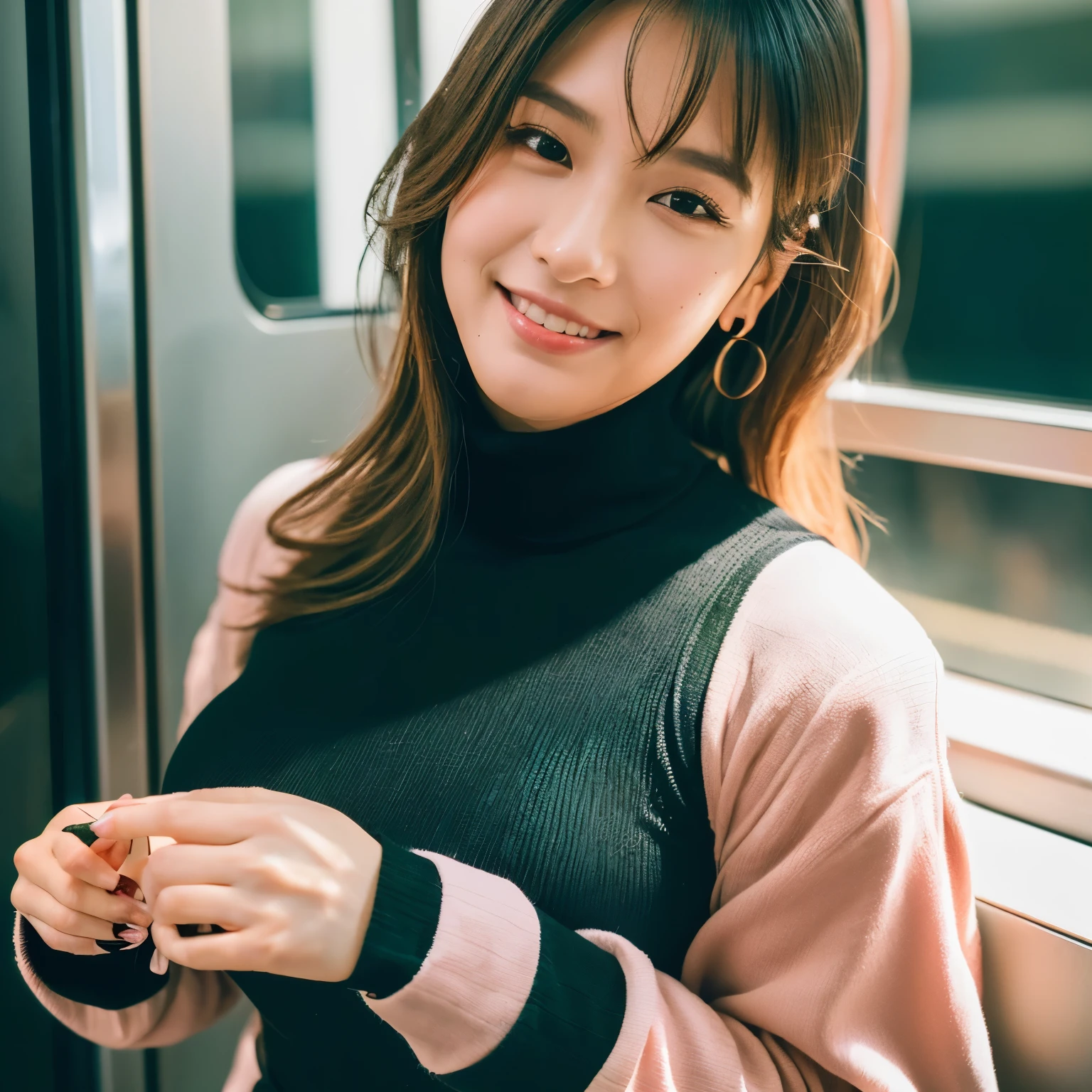 ((( masutepiece ))), (((Best Quality))), ((Ultra-detailed)), (Photo), ((extremely delicate and beautiful)),High resolution, 1girl in, 25 years old, Japanese beautiful girl, (Big breasts), ((Plump full lip)), (Wavy Hair),(long pink hair),(very baby face), ((I have one small mole under my eye)), (Detailed eyes),(detailed facial features), (detailed arms),(Detailed fingers),(Detailed Regulus Body))) , On the train, ((Smile)),((hand on mouth)),(((long sleeve black turtleneck))), ((Film grain)), ((SLR camera)), ((50mm lens focal length))