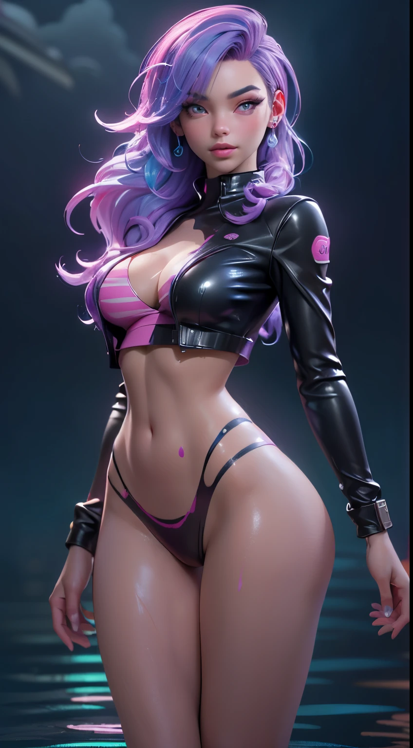 cute cartoon girl,(((1girl))),((extremely cute cartoon girl with liquid paint hair)),
(large breasts:1.4),(((very long hair,absurdly long hair,hair down to the waist,liquid paint hair:1.1,neon purple hair|neon pink hair|neon blue hair|neon aqua hair|purple hair|fuchsia hair|fluorescent blue hair|amethyst hair|neon hair|bright pink hair :1.5,bright hair: 1.3,hair made of paint and defies gravity,thick flowing,paint splatter:1.3,shiny hair: 1.3,vibrant colored hair))),((((heterochromia:1.5,eye1 purple,eye2 pink))),intricate eyes,beautiful detailed eyes,symmetrical eyeat)),(((lustrous skin:1.5,bright skin: 1.5,skin tanned,shiny skin,very shiny skin,shiny body,plastic glitter skin,exaggerated shiny skin,illuminated skin,wet legs))),(spider lower abdomen,narrow waist,wide hip,athletic body,inflated legs,delicate detailed fingers,detailed body,human hands,(detailed face)),
cute,slutty,seductive,erotic,(nsfw)
(((liquid paint clothes,clothes made of liquid paint,body paint))),underboob,with liquid paint micro clothes,body paint,dripping paint,liquid pain tiny thong,bare legs,((wet liquid paint clothes,detailed outfit,detailed liquid paint clothes)),
(dynamic pose:1.0),solo focus,embarrassed,(centered,scale to fit dimensions,Rule of thirds),
cyberpunk city by the ocean at night, with bright neon signs and dark stormy clouds and puddles, scenery:1.25,
highres, sharp focus, (ultra detailed, extremely detailed), (photorealistic artwork:1.37),(extremely detailed CG unity 8k wallpaper),((synthwave background theme)),(((vibrant colors))),(intricate background),(masterpiece),(best quality),
