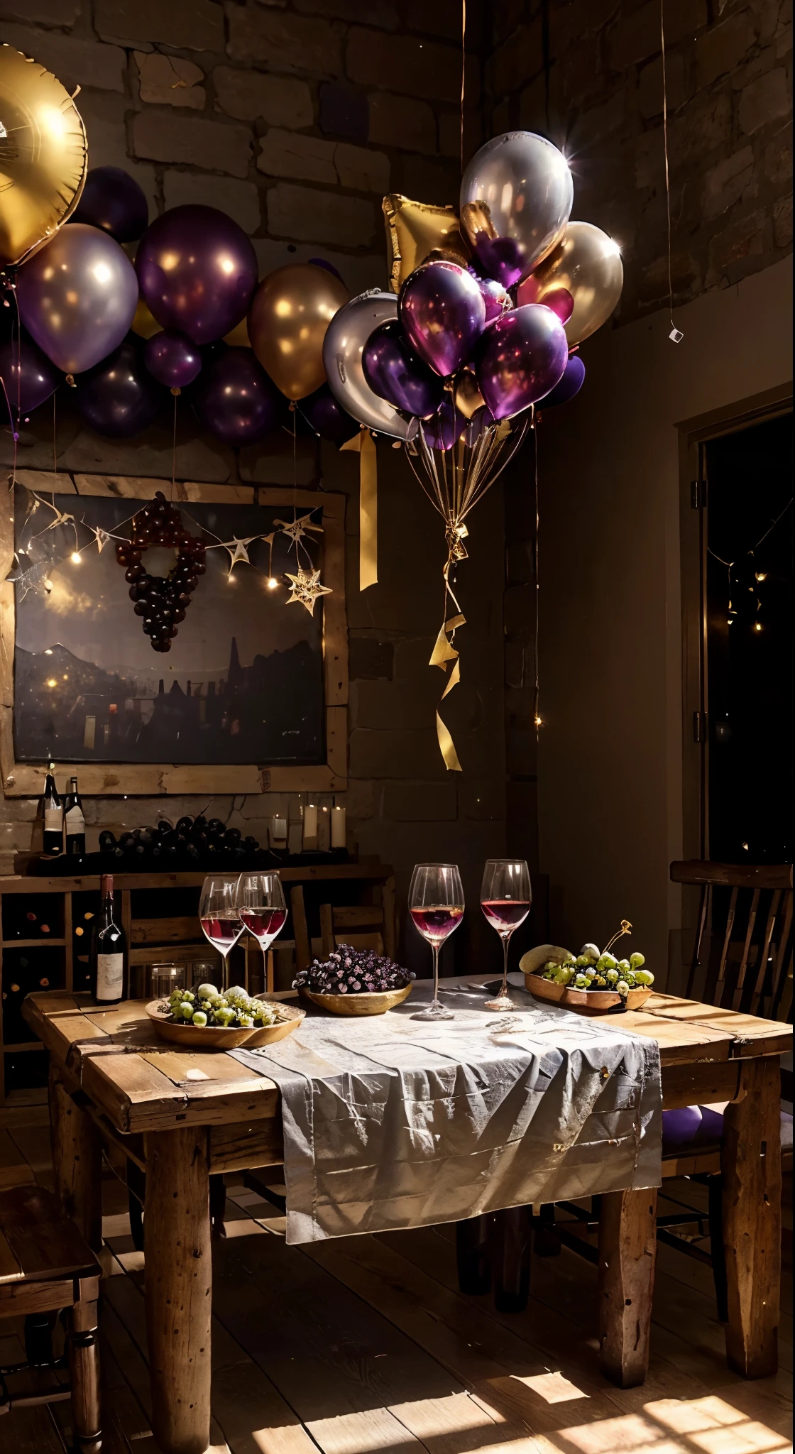 studio, Photography concept for black table, Streamers, Old logs, Several bunches of grapes, Grape leaves, centered around a glass of wine, There were a few bottles of wine next to it, Light comes in from the left, Bright surroundings, Celebrating New Year 2024, Golden balloons, Silver balloons