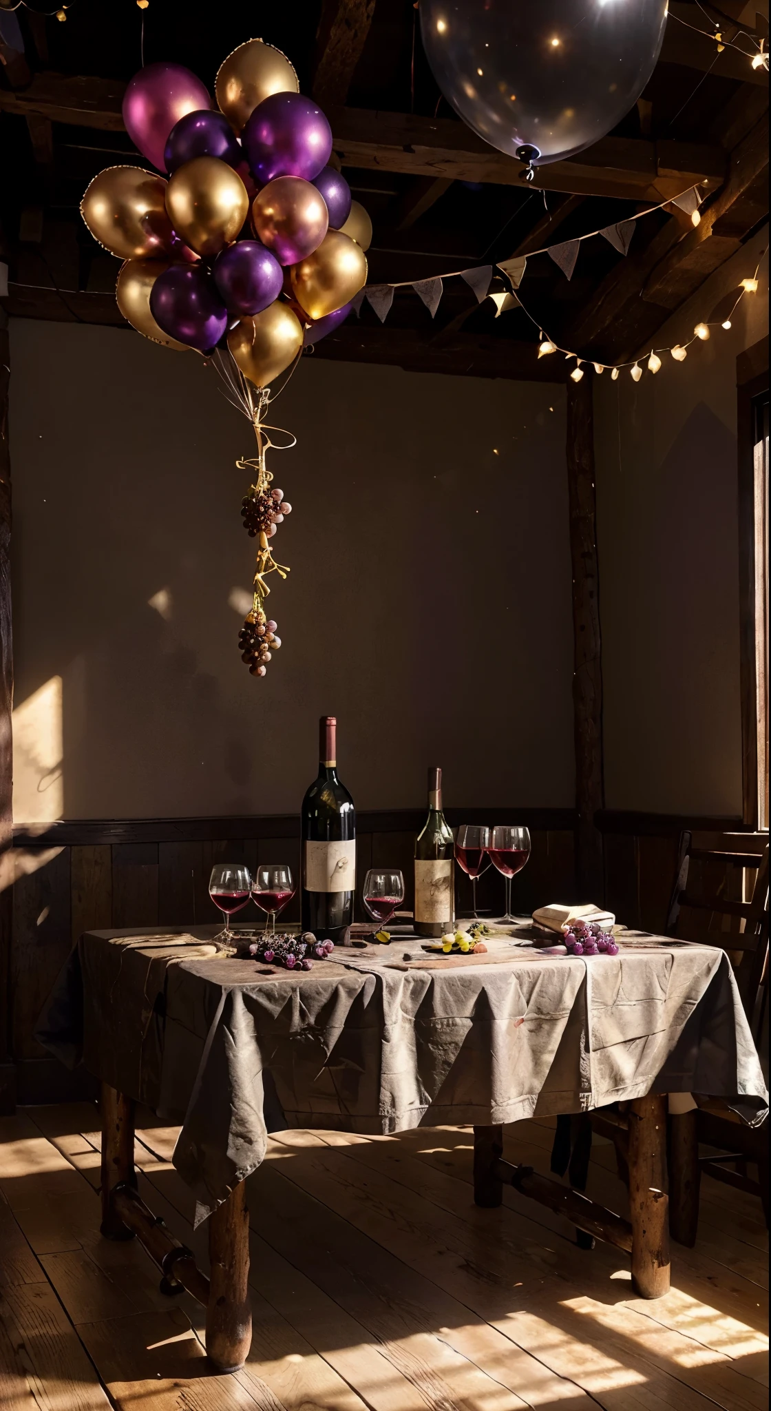 studio, Photography concept for black table, Streamers, Old logs, Several bunches of grapes, Grape leaves, centered around a glass of wine, There were a few bottles of wine next to it, Light comes in from the left, Bright surroundings, Celebrating New Year 2024, Golden balloons, Silver balloons