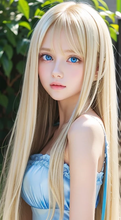 Super Long Blonde Straight Hair、so perfect beautiful cute face、Beautiful clear cute eyes Beautiful blue eyes、shiny very beautiful skin、Beautiful disheveled bangs、Very beautiful and cute sexy bright sky blue eyes、Very big eyes beautiful long shiny silky blonde hair、18 years old petite, an extremely beautiful and cute girl、Gloss Face、Teak Gloss、White beautiful skin、
