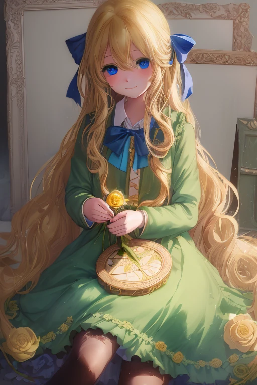 (Beautiful girl around 9 :1.5)，(Big blue eyes:1.3)，(Eyes without light:1.5)，(a blond，Wavy long hair:1.4)，(Blue ribbon at chest:1.5)，(long green dress:1.4)，(Black tights:1.3)，(Brown loafers:1.3)，(lots of picture frames:1.3)，(murky照明:1.5)，(have one yellow rose:1.5)，art gallery，(many yellow roses:1.4)，(Invincible smile:1.4)，murky