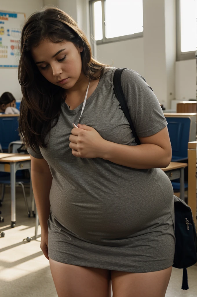 pretty woman at school, tired, chubby, styuding