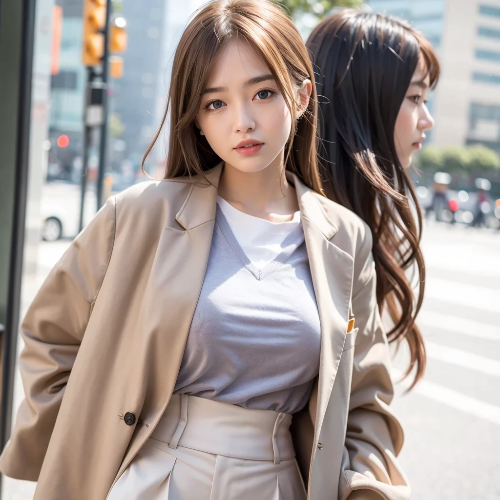 mix4, (RAW photogr),(Best quality at best), (realisticlying),( white backgrounid:1.2), ,,one-girl, The upper part of the body, Highly detailed face, ssmile,[White blonde hair | ginger pubic hair | brown gray hair], XT3, beiges、Camel、High-waisted pants in a neutral color like white or blue, Pair with a silk shirt and structured blazer, Create a sophisticated and powerful look,