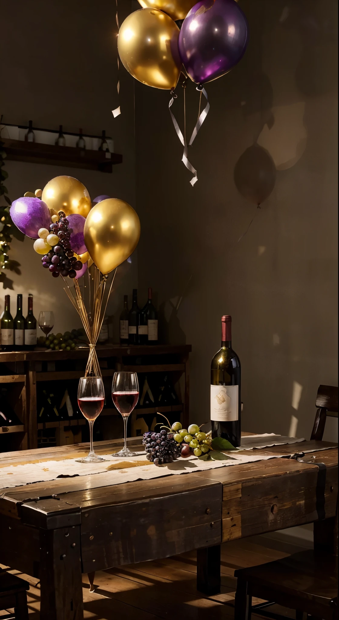 studio, Photography concept for black table, Streamers, Old logs, Several bunches of grapes, Grape leaves, centered around a glass of wine, There were a few bottles of wine next to it, Light comes in from the left, Bright surroundings, Celebrating New Year 2024, Golden balloons, Silver balloons