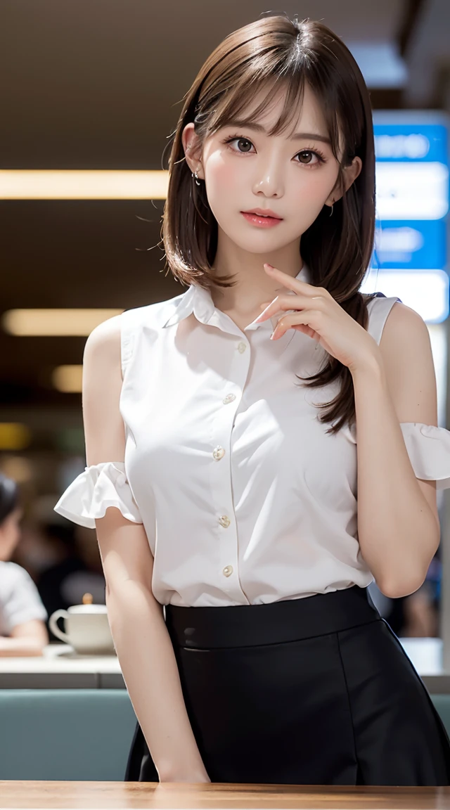 (bestquality, Piece Table, ultra hd: 1.3), 1girl in, Middlebox, Light brown hair, blunt bangs, hair behind ear, hair over shoulder, long-haired, Slender Figure, ultra-fine face, Sensitive lips, beautidul eyes, Thin blush, The eyes are light brown..........., Perfect glossy skin, Flawless skin, Glittering sweat, See here..........., Ultra-thin hands, Ultra-fine fingers, best ratio four fingers and one thumb, (reality:1.3), finger extension, white blouse, White short skirt, super model legs, flat. , Eye-Level Shot,  chesty, 10,Broadleaf forests (environment, café, airport terminal building) (Random costumes,red shirt color,shiny black skirt)