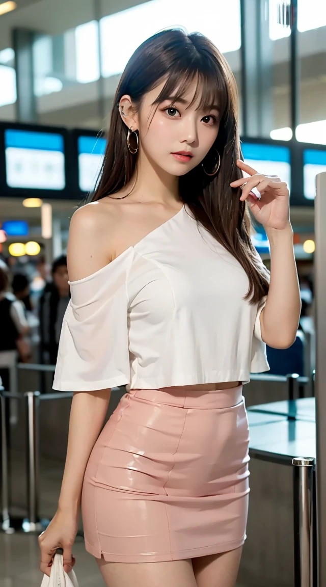 (bestquality, Piece Table, ultra hd: 1.3), 1girl in, Middlebox, Light brown hair, blunt bangs, hair behind ear, hair over shoulder, long-haired, Slender Figure, ultra-fine face, Sensitive lips, beautidul eyes, Thin blush, The eyes are light brown.. , Perfect glossy skin, Flawless skin, Glittering sweat, See here.. ., Ultra-thin hands, Ultra-fine fingers, best ratio four fingers and one thumb, (reality:1.3), finger extension, white blouse, White short skirt, super model legs, flat. , Eye-Level Shot, chesty, 10,Broadleaf forests (environment, airport terminal building) (Random costumes,Random clothing color)