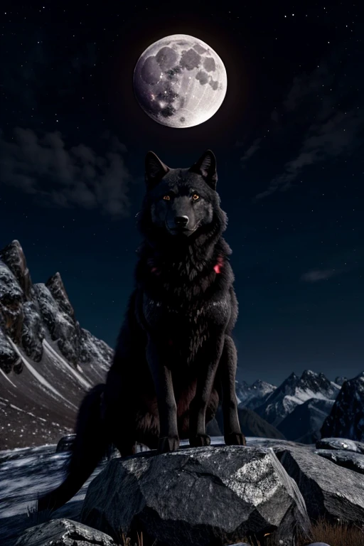 ((Masterpiece image)), A black wolf with shiny red eyes, on top of the mountain with a full moon at background, looking at the viewer! Unreal engine, high resolution, high quality detailed,