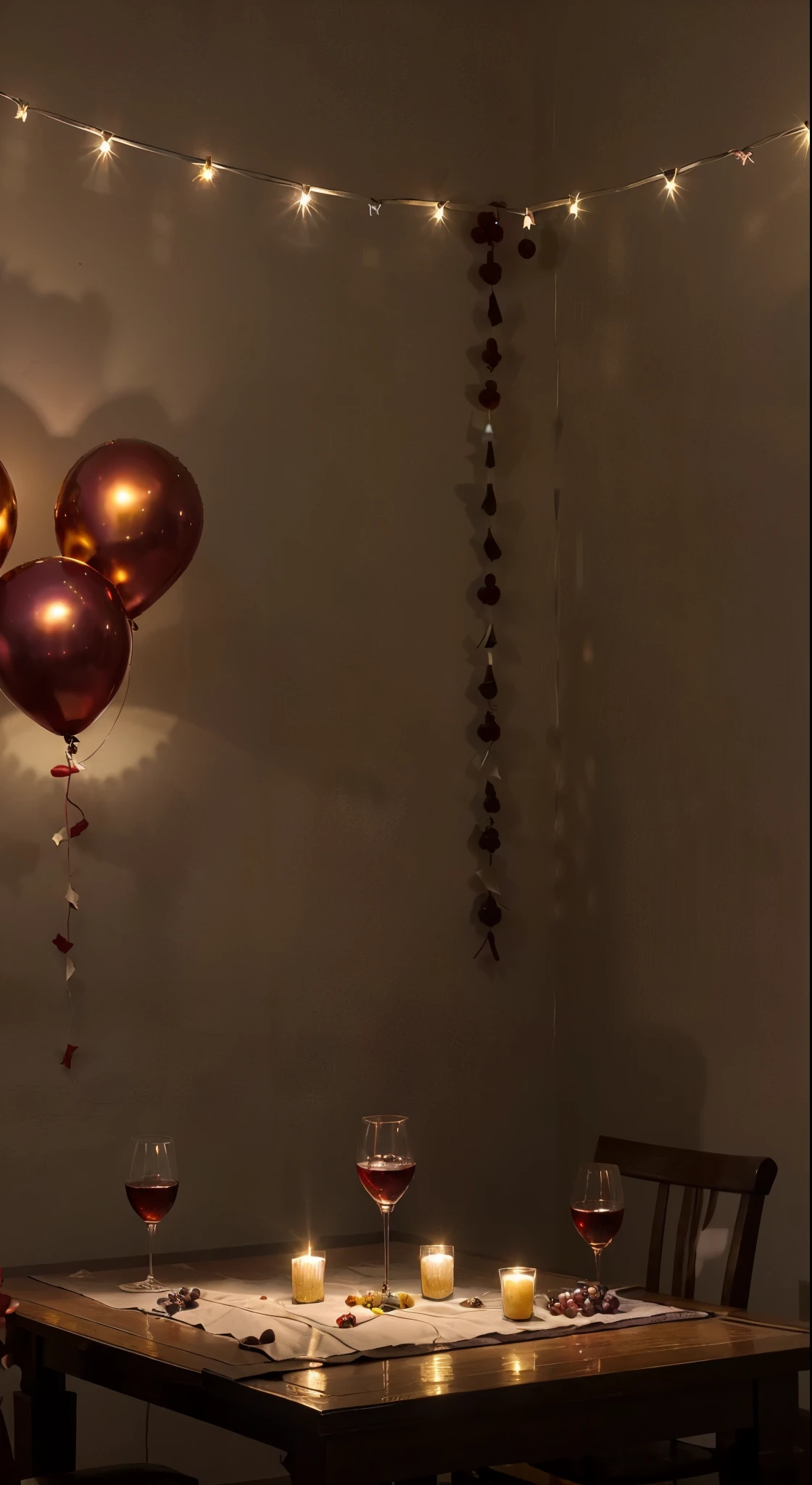 studio, Photography concept for black table, Streamers, Red candles, Several bunches of grapes, Grape leaves, centered around a glass of wine, There were a few bottles of wine next to it, Light comes in from the left, Bright environment, Celebrating New Year 2024, Golden balloons, Silver balloons