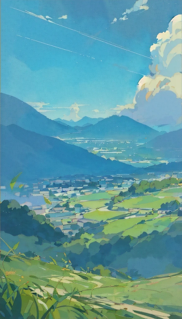 Anime Big Breasts, Anime field, ghibli artstyle, Makoto Shinkai style,Detailed scenic view，Scenario，Hilly mountains in the distance